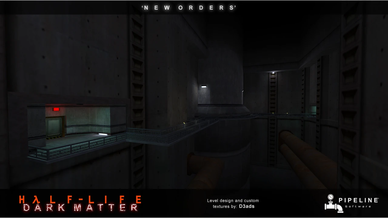 Dark Matter mod screenshot showing a dimly lit industrial interior with walkways and pipes