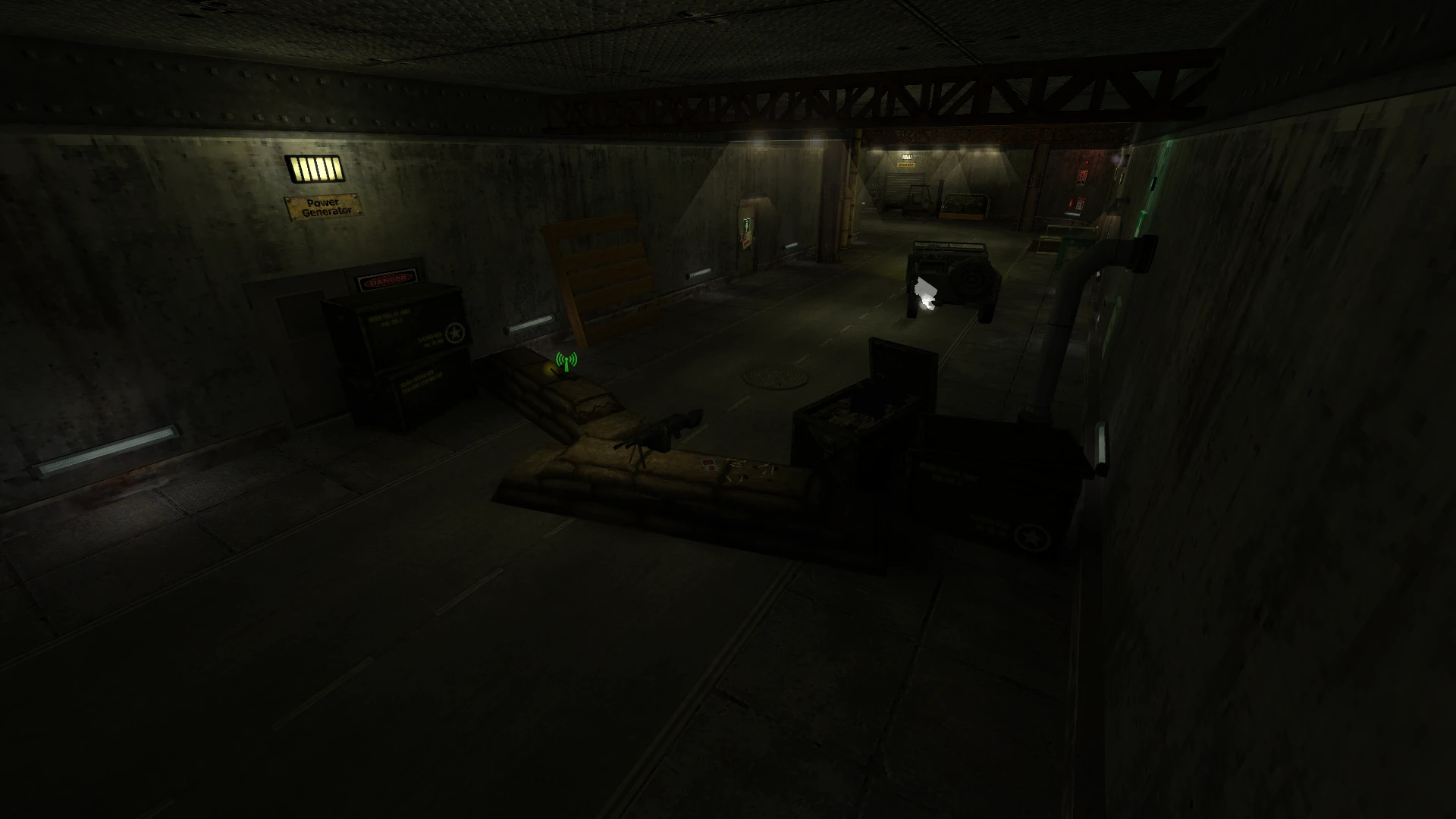Inside a dimly lit underground bunker with sandbag defenses, military jeep, and concrete walls