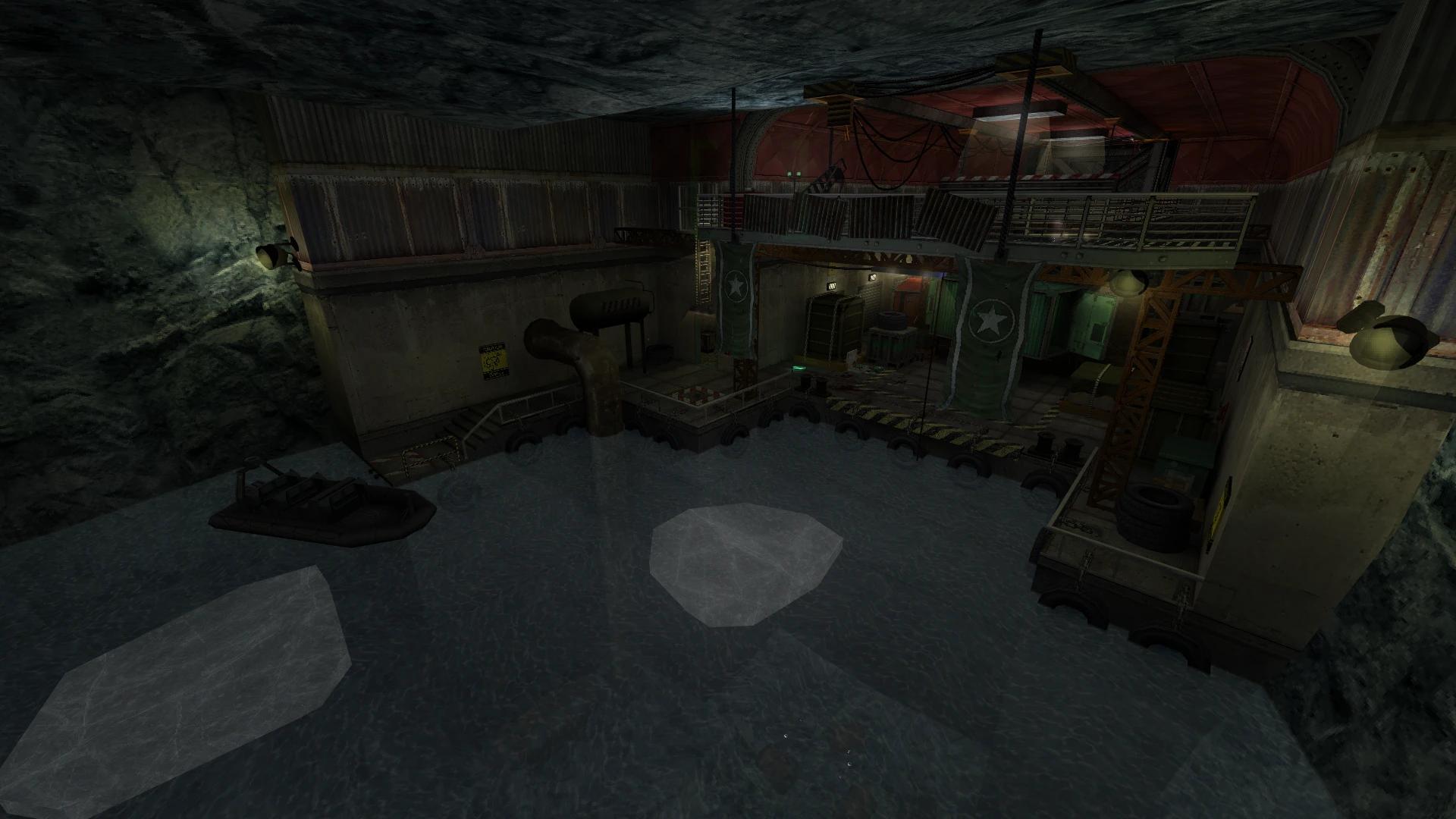 Dimly lit underground water facility with a boat docked and metal walkway above water