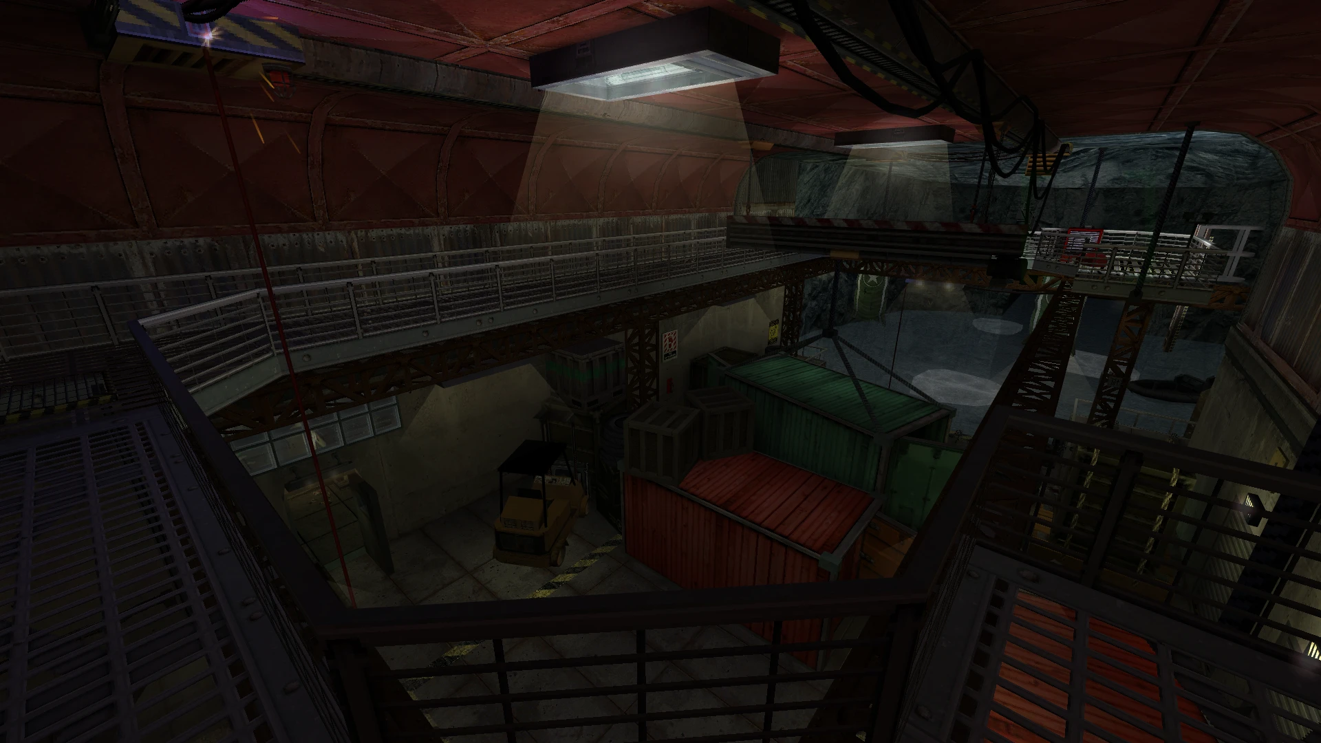 Wide shot of a dimly lit industrial warehouse with metal walkways, shipping containers, and a forklift inside a Half-Life Deep Cover mod map