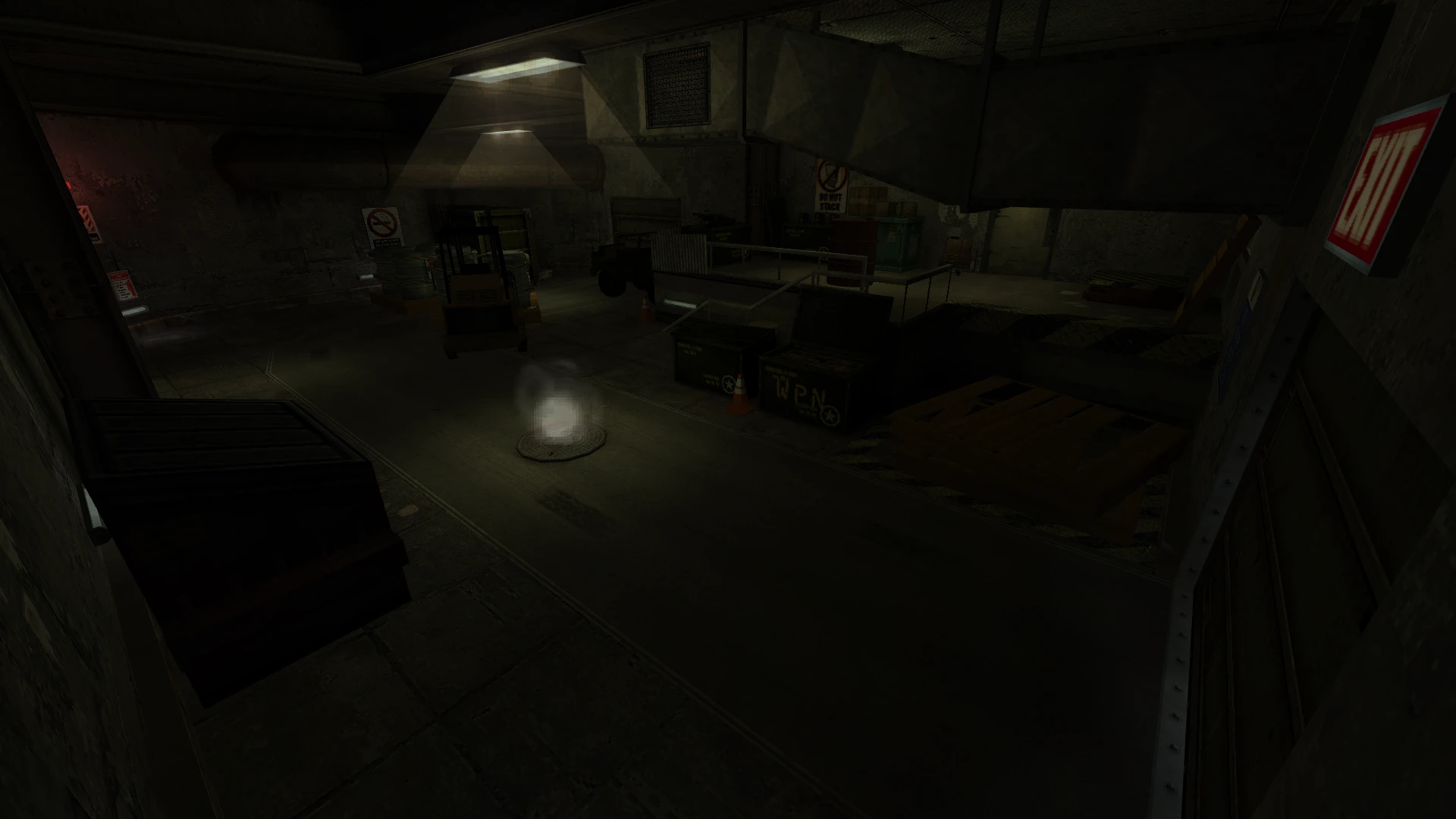 Dimly lit underground industrial area with crates, forklift, and exit sign in Half-Life Deep Cover mod