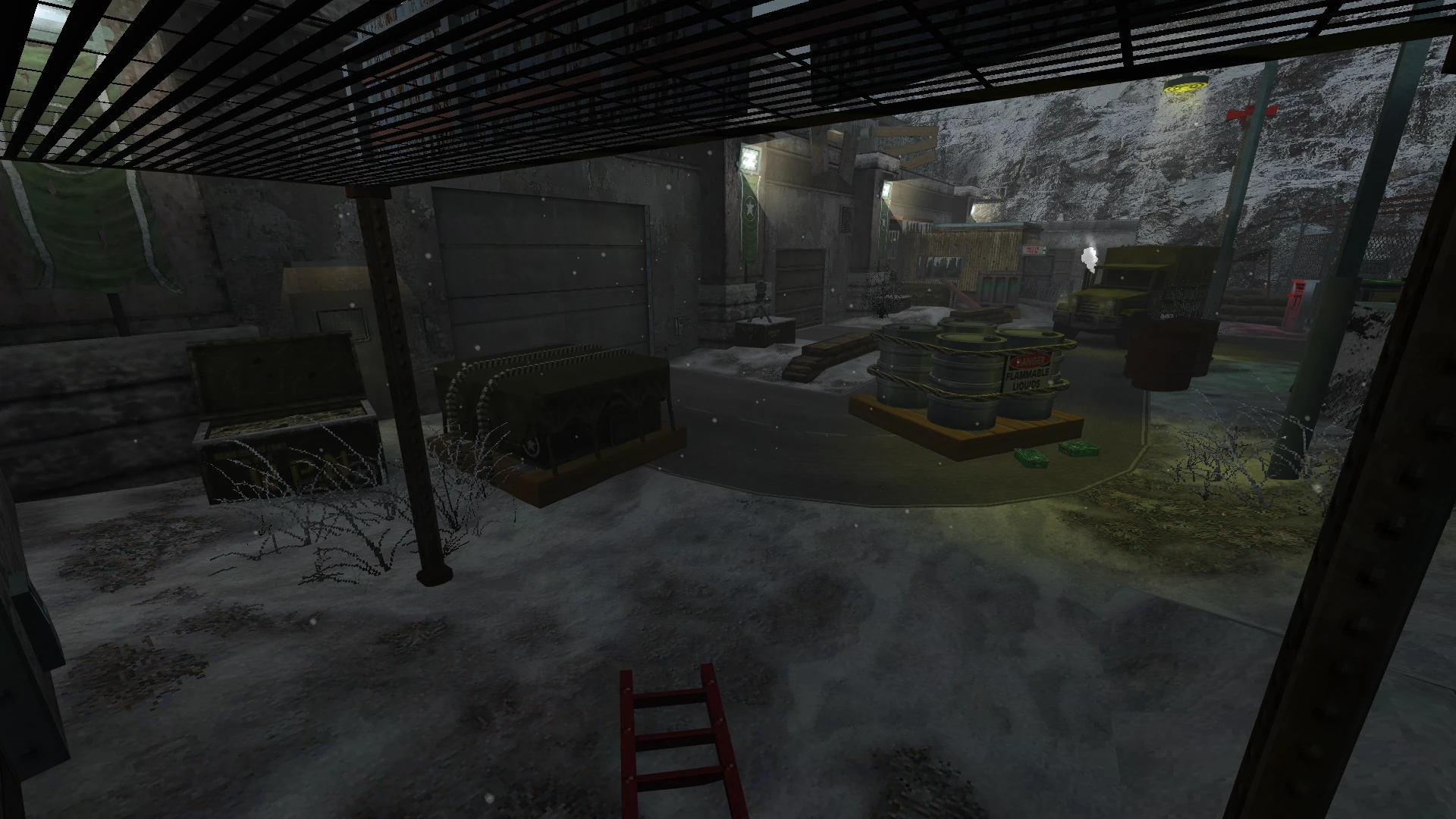 Snow-covered military base exterior with barrels marked flammable and parked truck in Half-Life mod