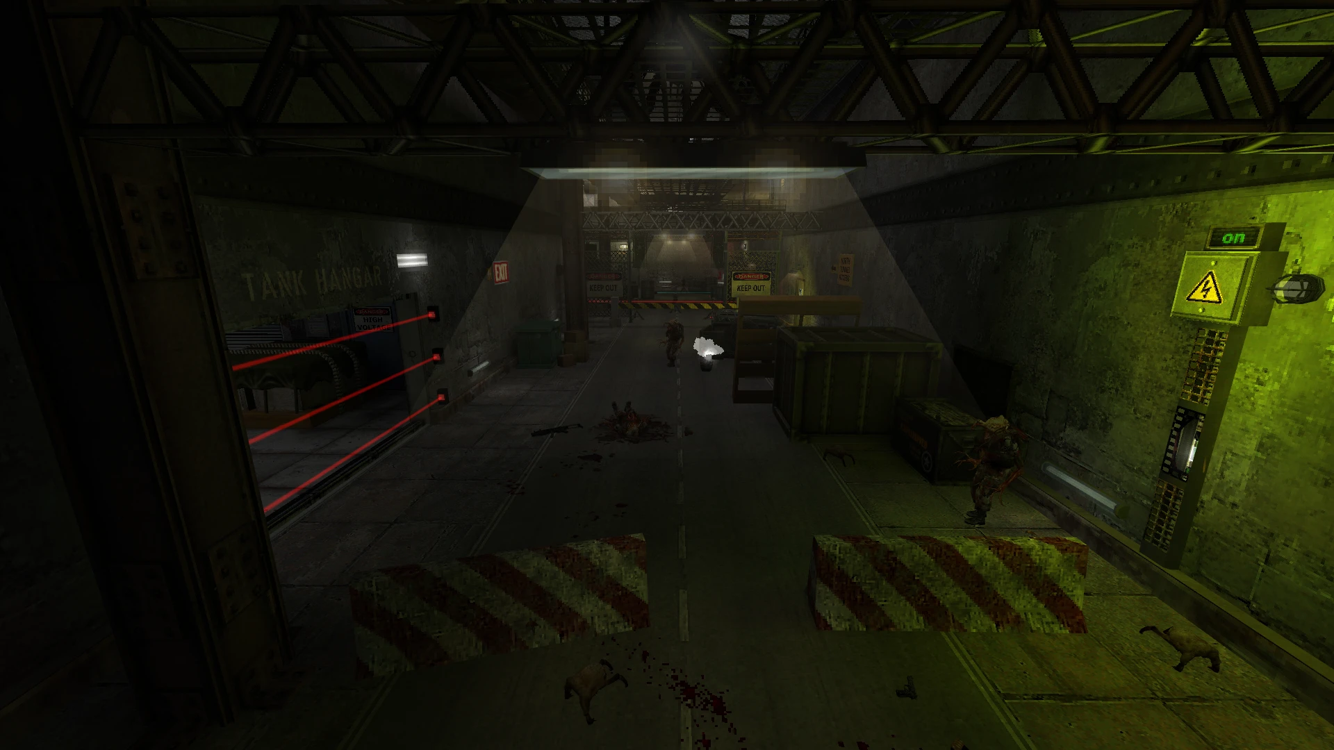 Dimly lit industrial corridor with laser security, armed combatants, and scattered bodies in Half-Life Deep Cover mod