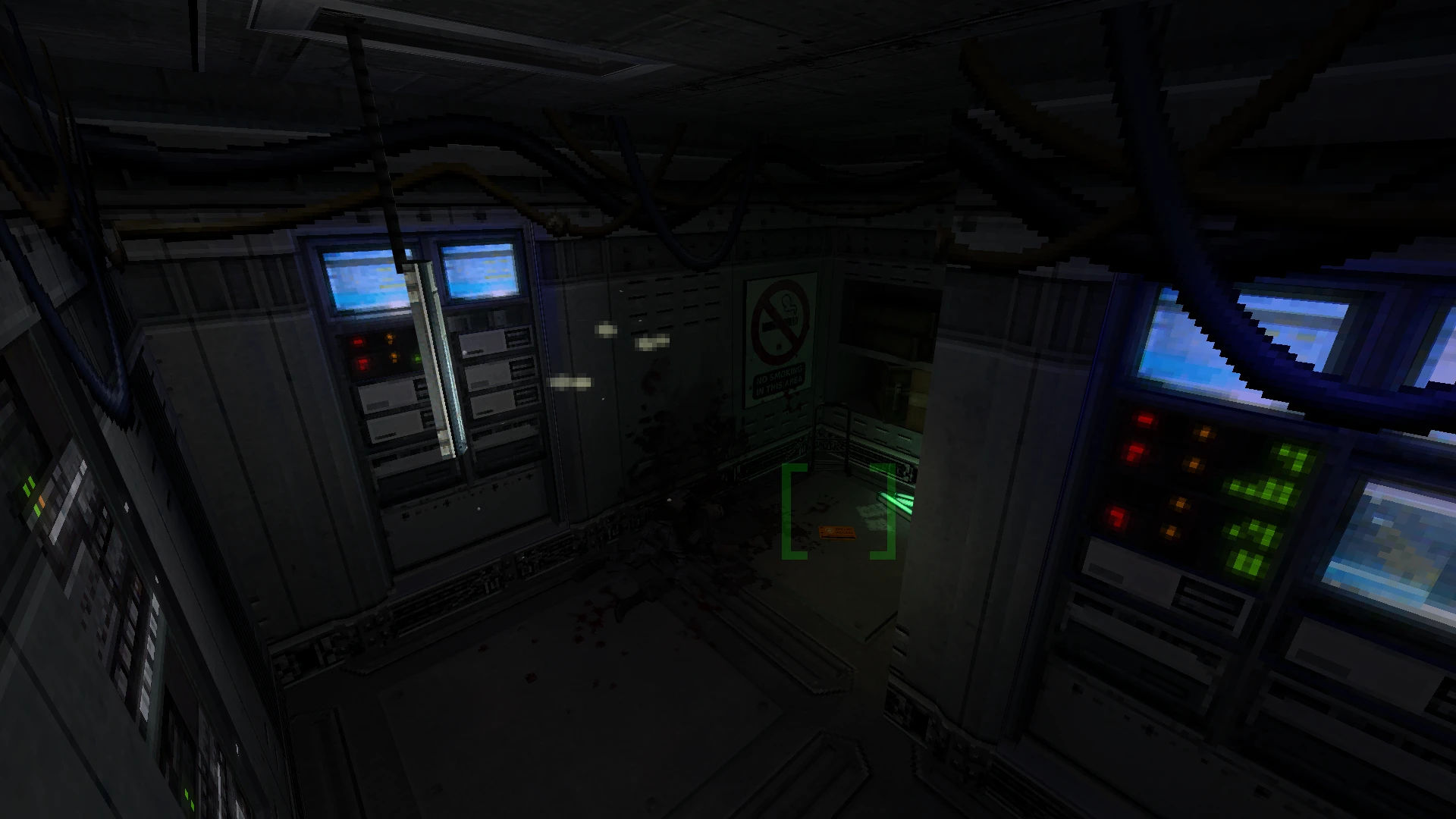 Dimly lit room filled with technical panels and illuminated computer screens in Half-Life Deep Cover