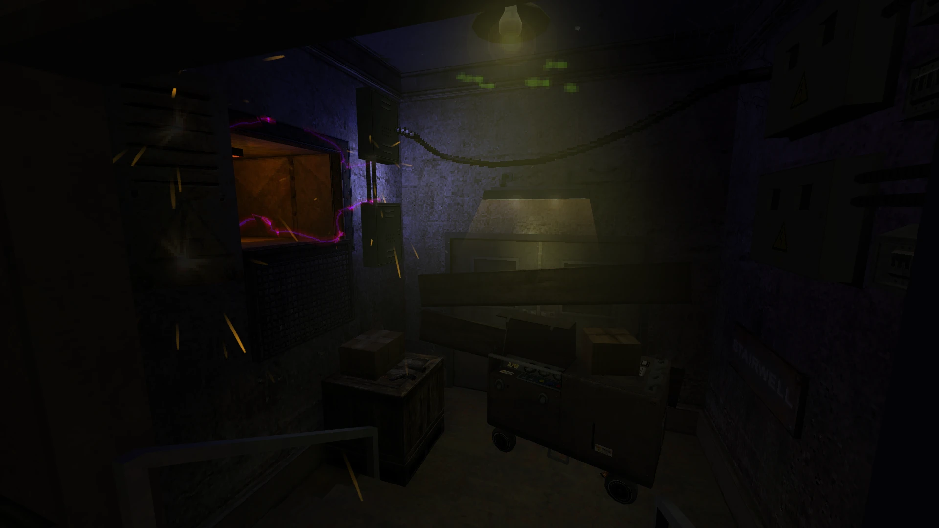An electrical malfunction causes purple sparks inside a dark utility room filled with crates and a cart