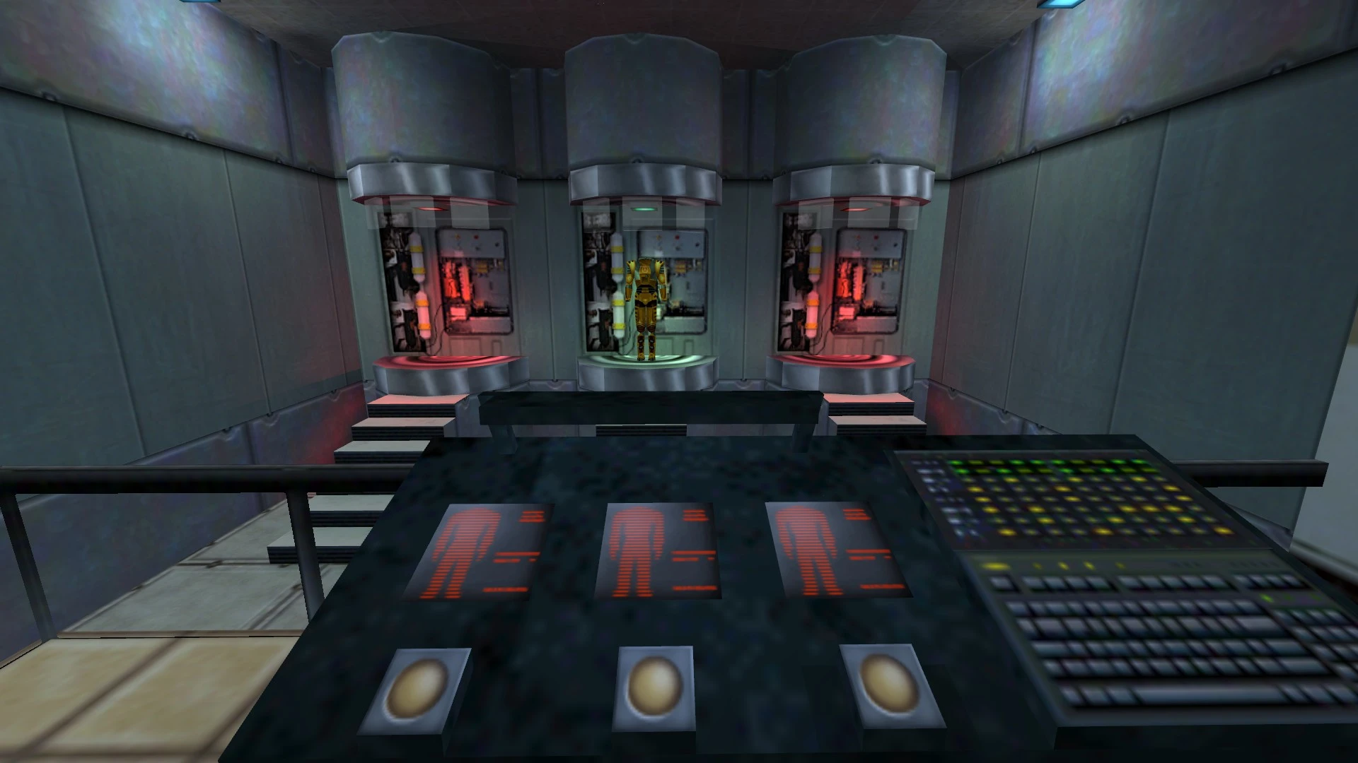 Vista de una sala de laboratorio futurista con cápsulas de clonación científica y un panel de control en mod Half-Life Dreamcast