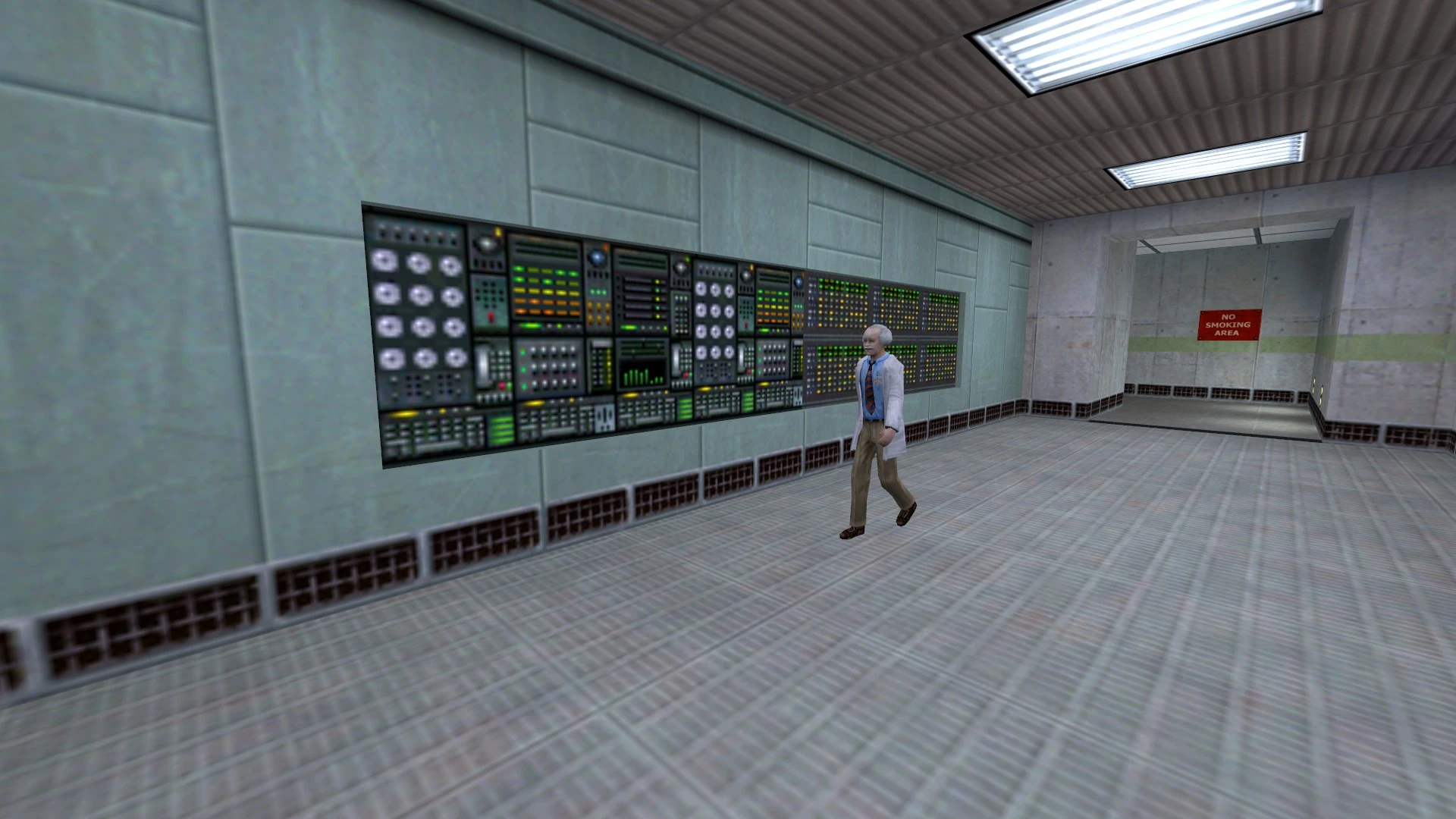 NPC científico caminando en sala de control con grandes paneles de computadora en mod Half-Life Dreamcast