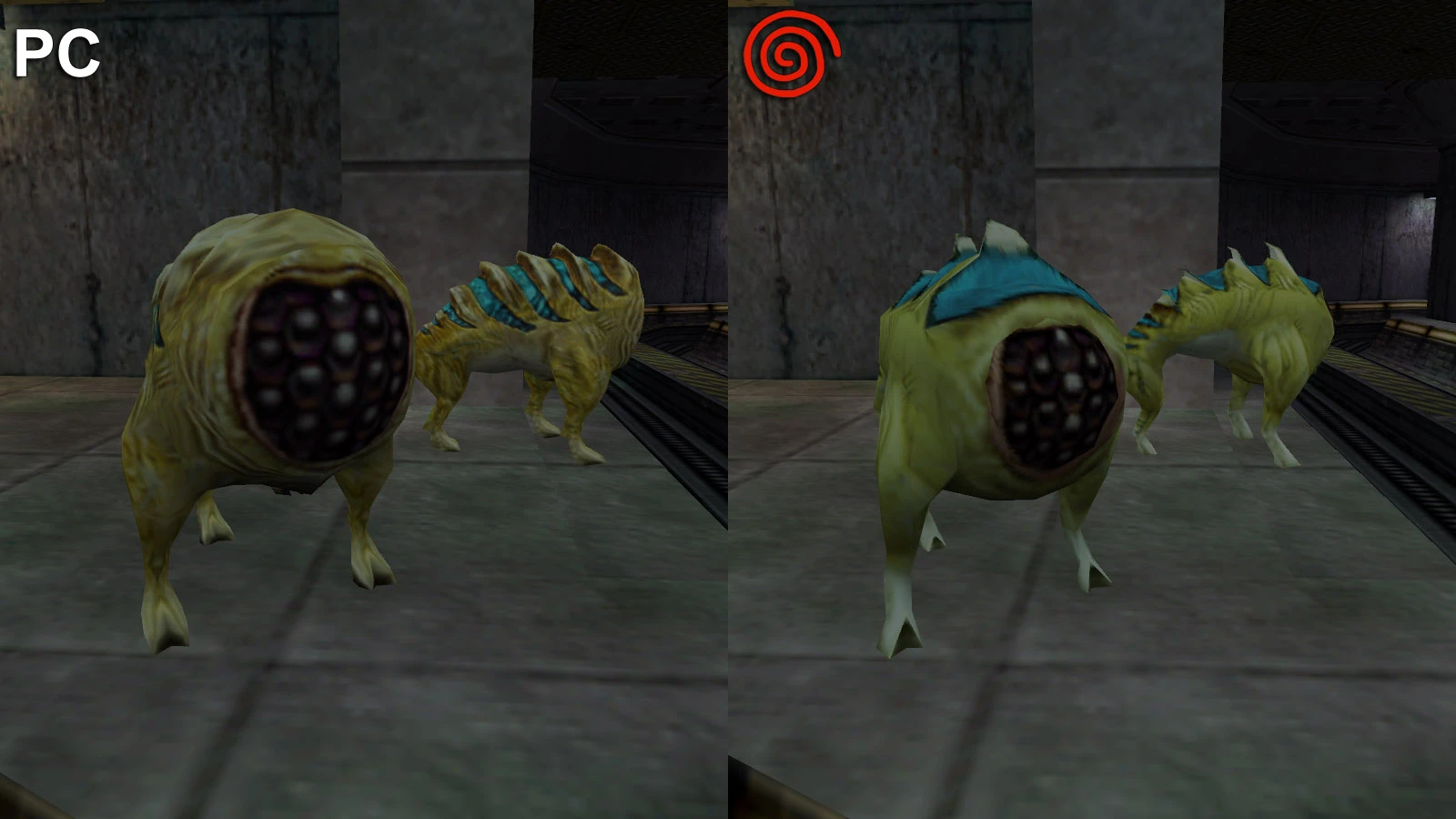 Imagen comparativa de dos criaturas headcrab de Half-Life mostrando gráficos del mod Dreamcast y versión para PC