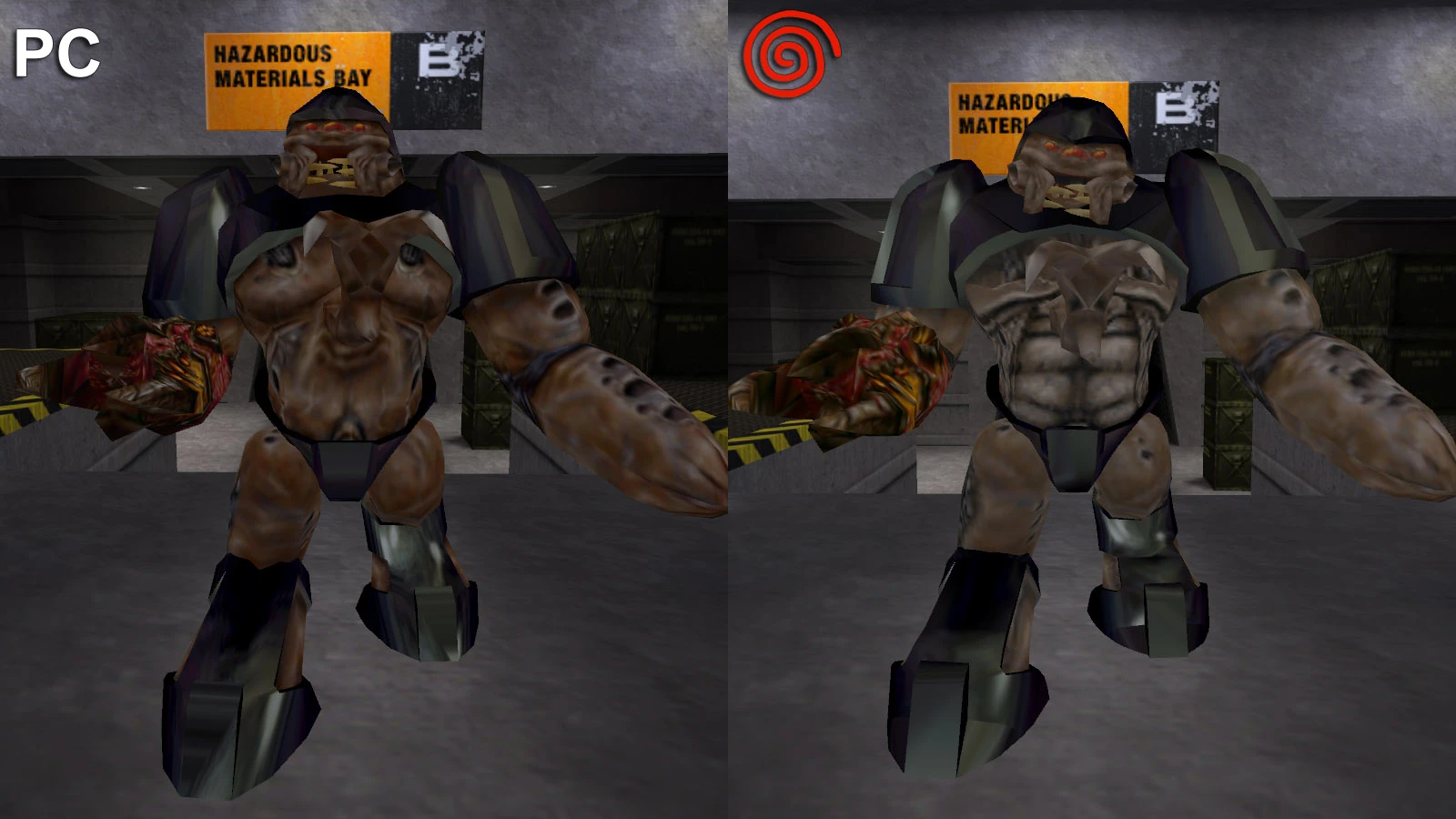 Imagen lado a lado mostrando un gran enemigo monstruo con diferente calidad de textura en PC y Dreamcast en mod Half-Life