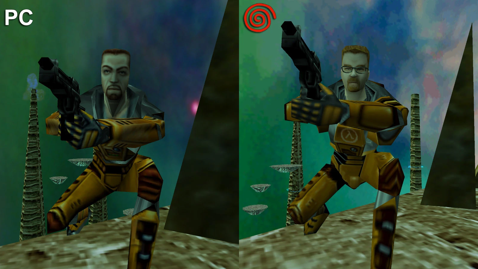 Captura muestra personajes de Half-Life de las versiones Dreamcast y PC apuntando con pistolas en un entorno rocoso de ciencia ficción