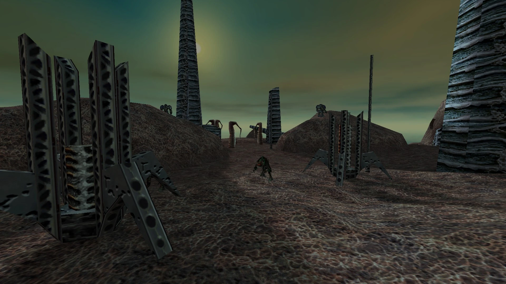 Vista de un terreno alienígena con estructuras metálicas extrañas y criaturas en el mod Half-Life Enriched de Half-Life 1998