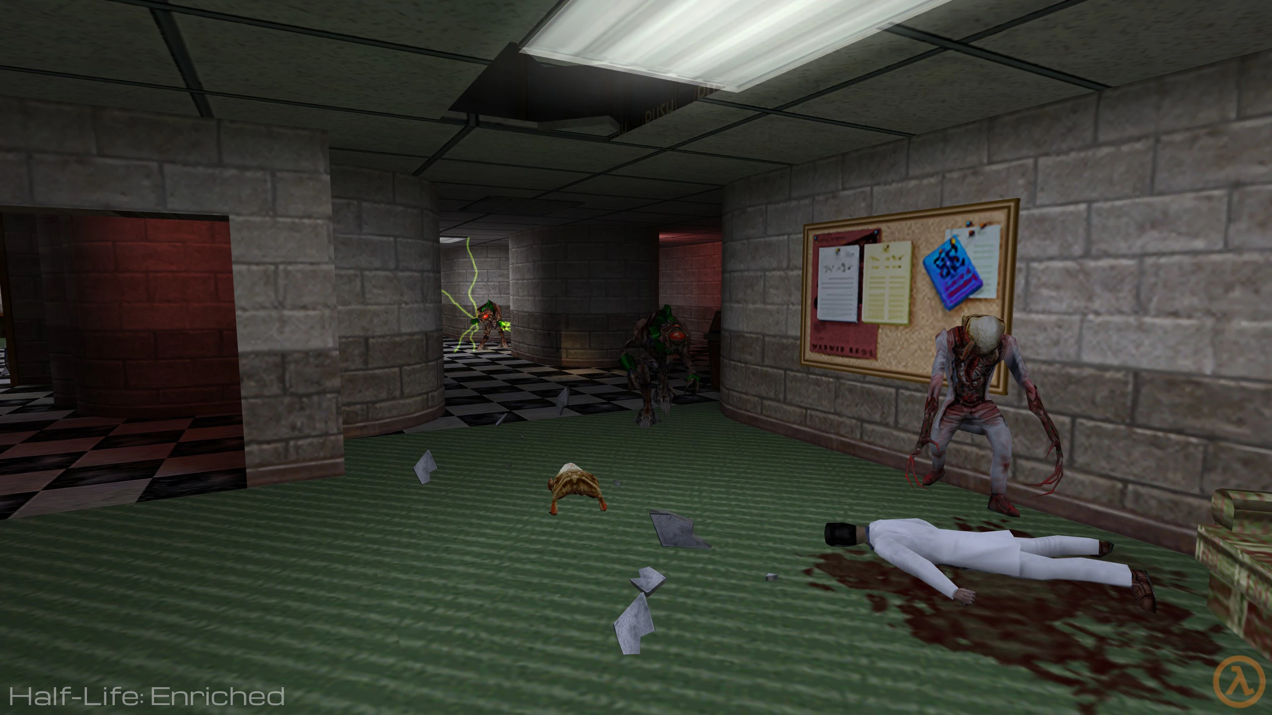 Vista en primera persona de un pasillo de ciencia ficción con zombis y criaturas alienígenas atacando a un científico caído en Half-Life Enriched
