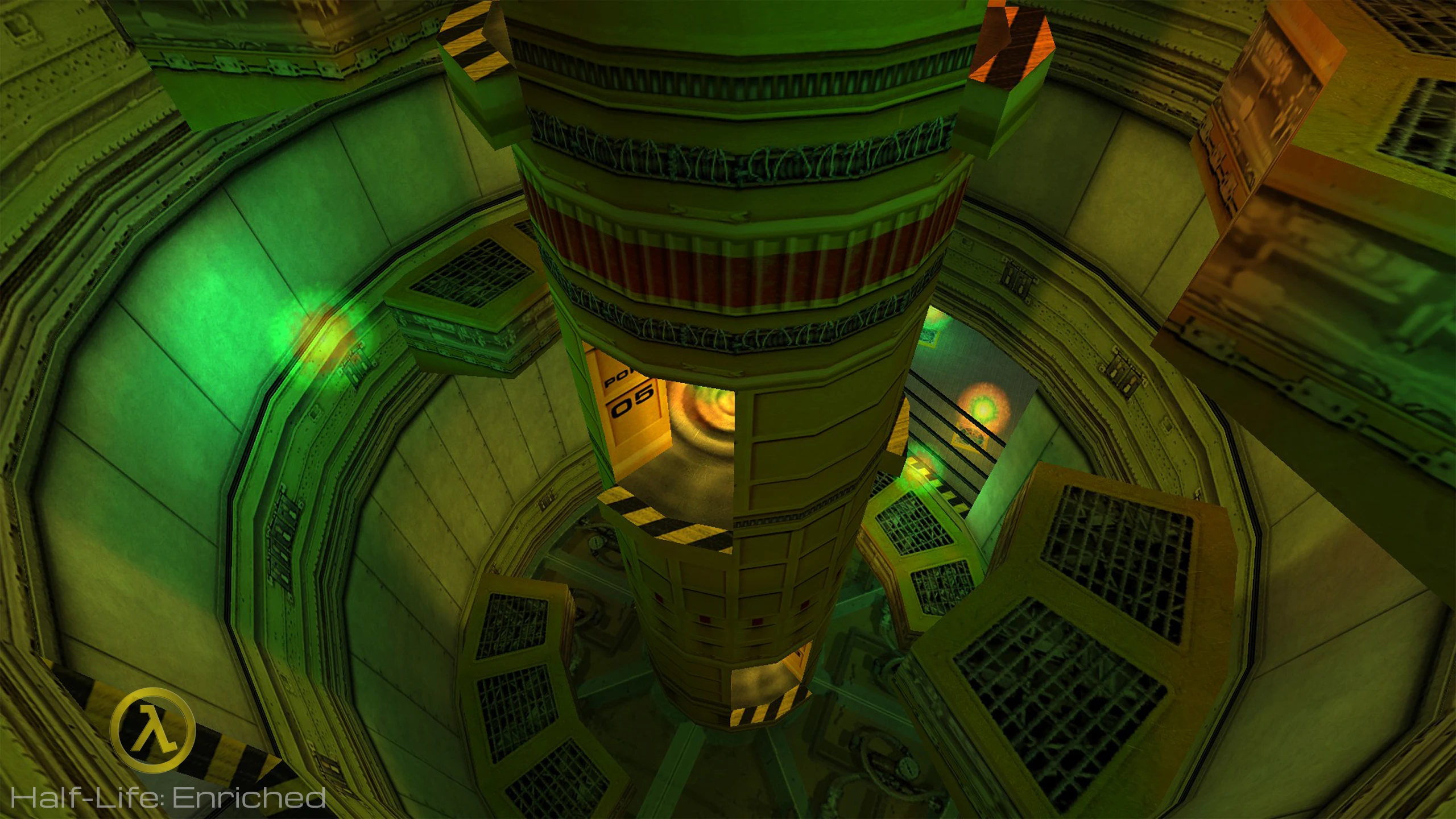 Vista interior de un pozo de lanzamiento vertical con iluminación verde en el mod Half-Life: Enriched