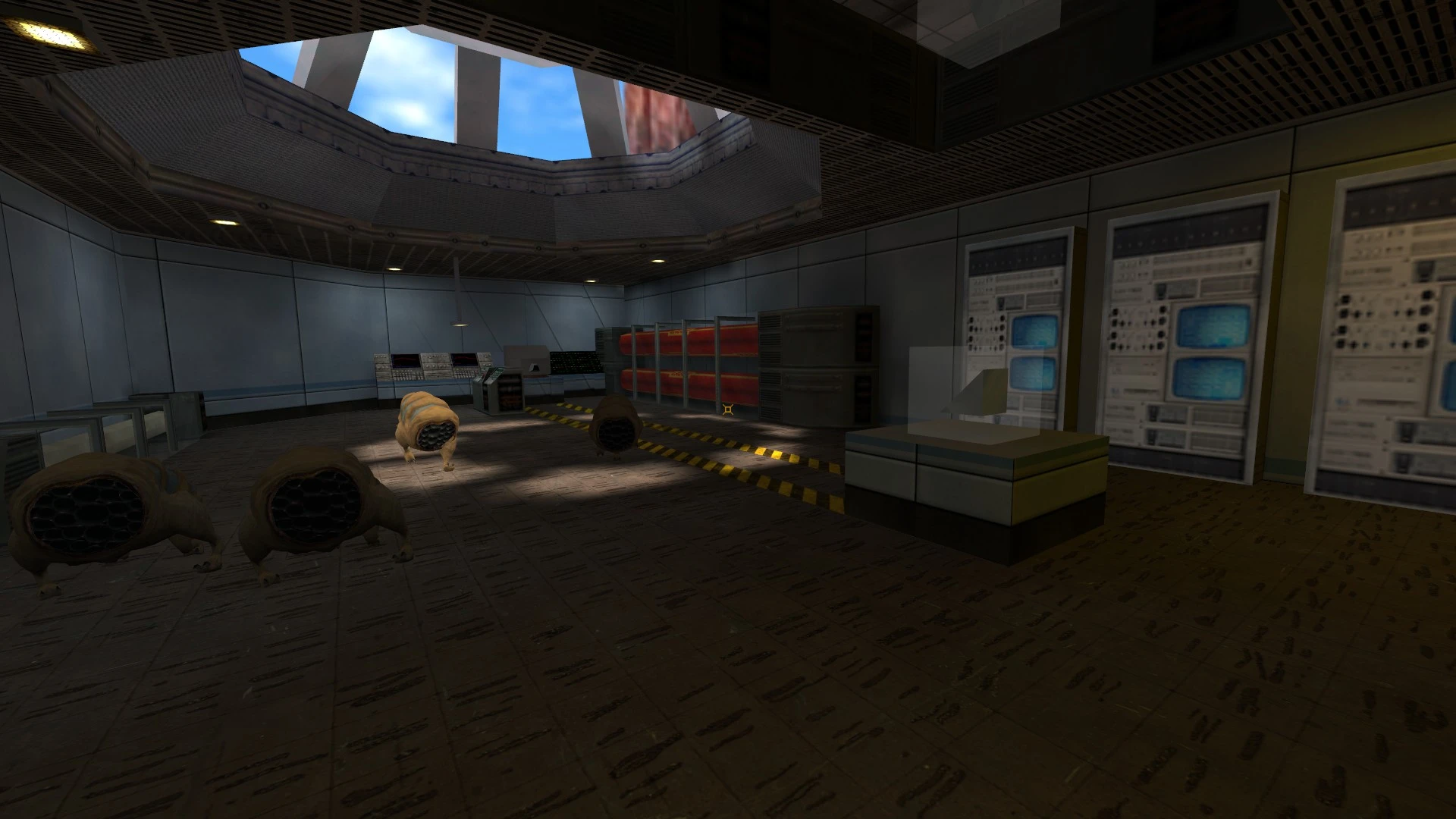 Captura del mod de Half-Life con criaturas alienígenas similares a headcrabs en laboratorio con techo de vidrio