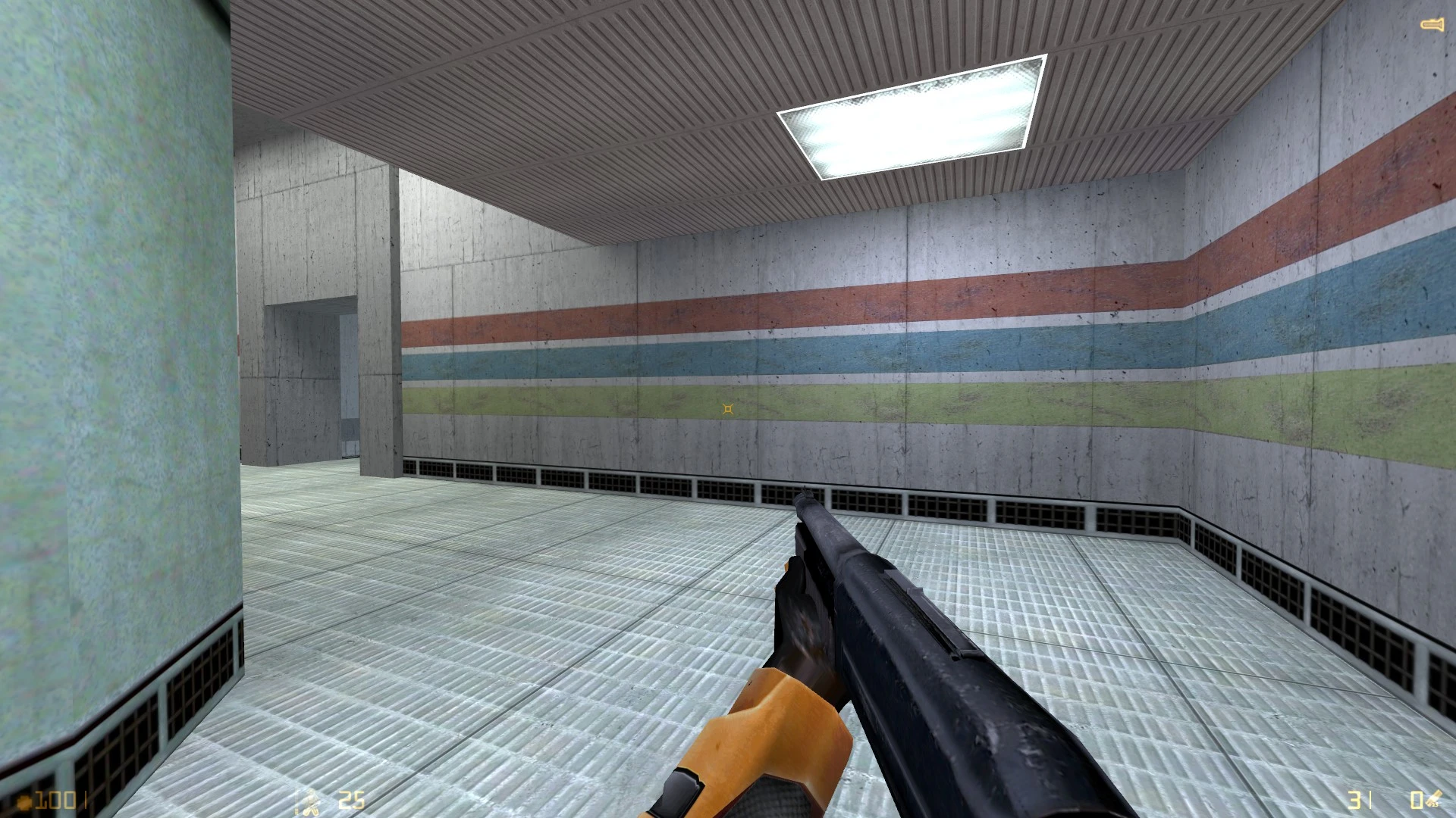 Vista en primera persona con escopeta en una habitación de concreto con rayas de colores en mod de Half-Life
