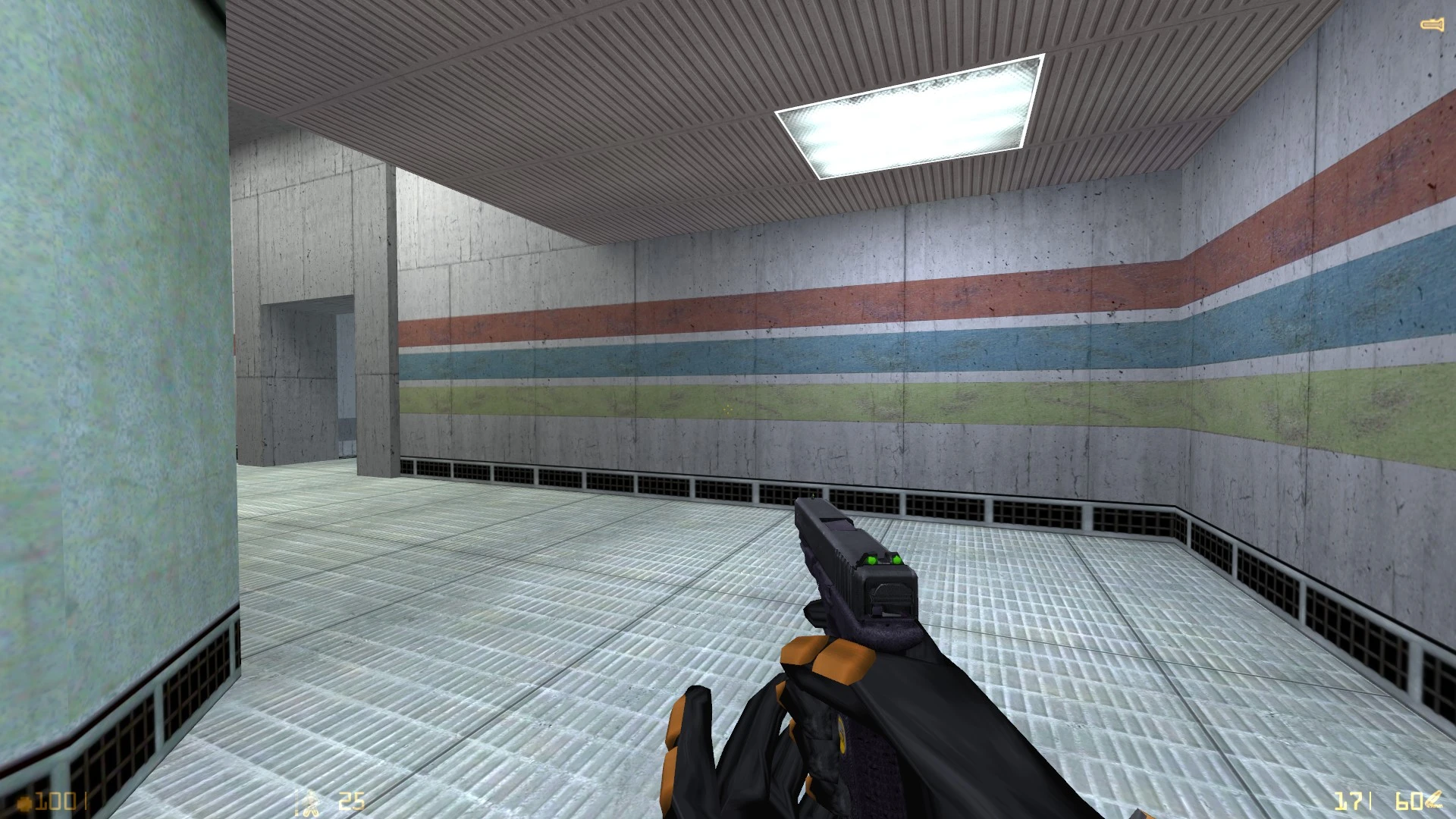 First-person view of a player holding a pistol in a grey interior room with colored stripes in Half-Life mod