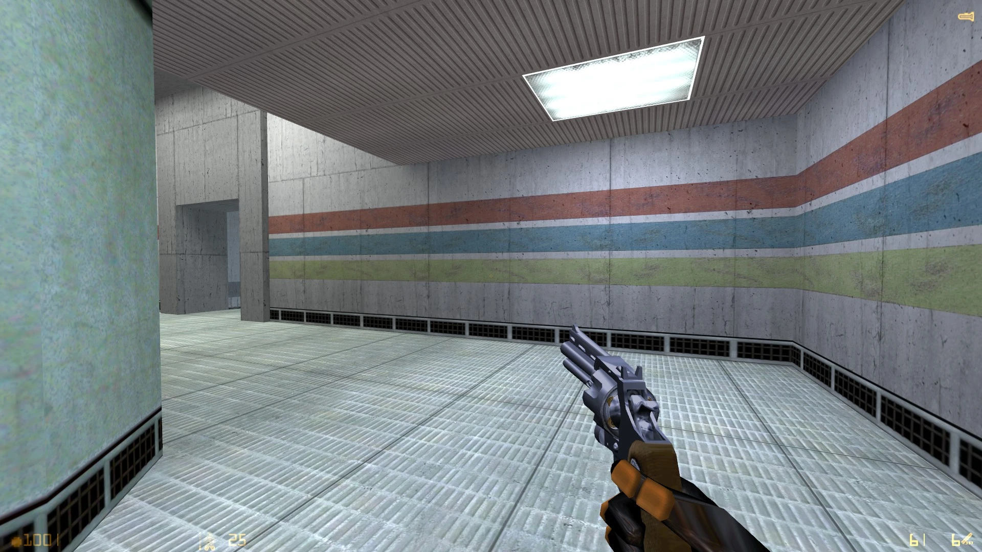 Player holding a revolver inside a concrete room with colored stripes and grid flooring in Half-Life Expanded Arsenal mod