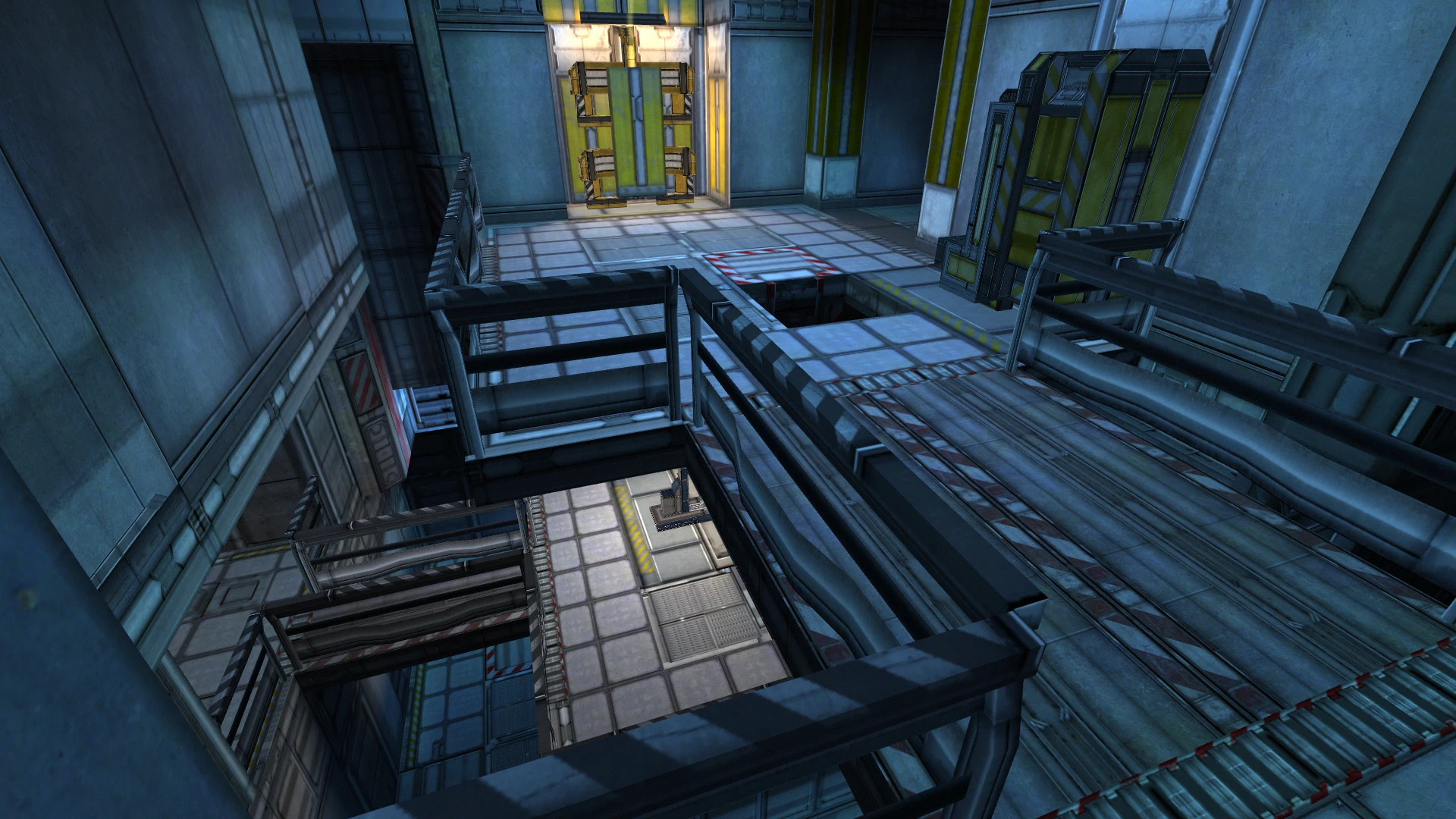 Ansicht detaillierter Metallstege und Industrieanlagen innerhalb einer Sci-Fi-Anlage aus dem Half-Life eXperiment Mod