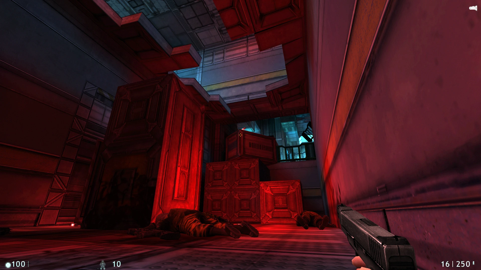 Player holding a pistol in a red-lit corridor with stacked crates and fallen soldiers in Half-Life eXperiment mod