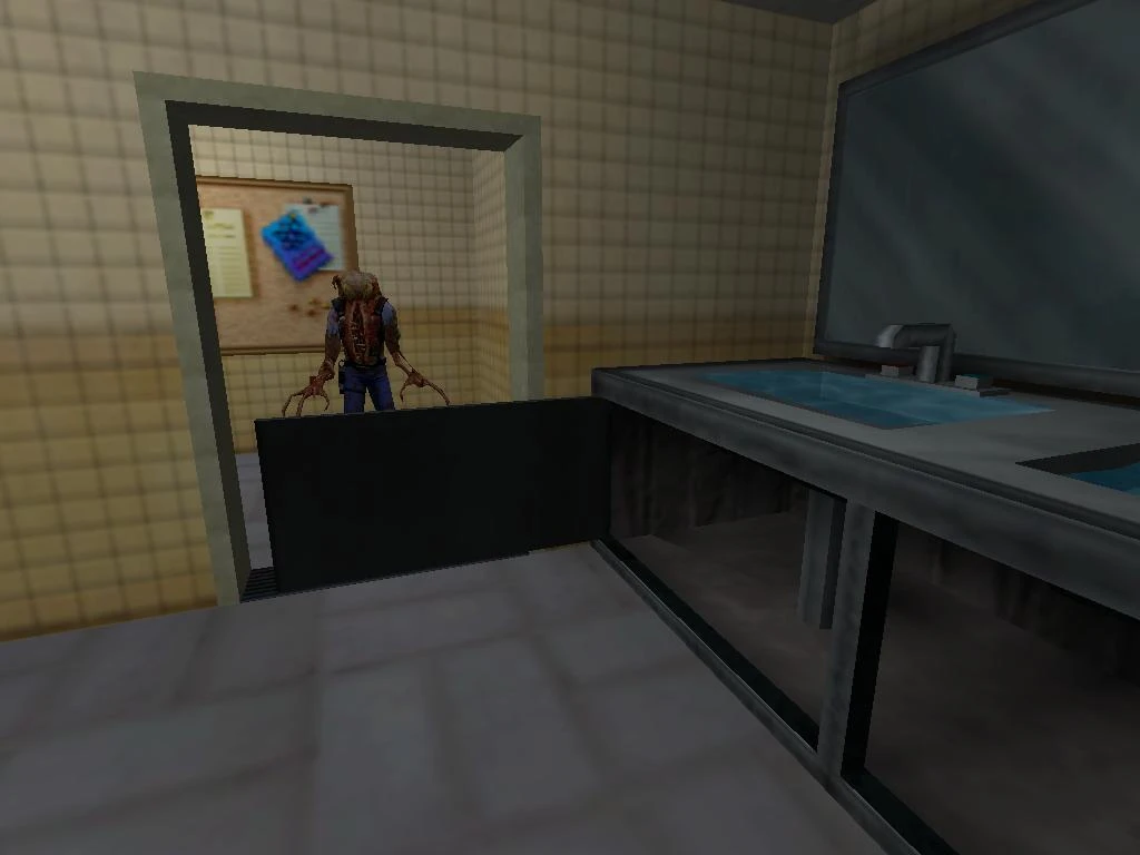 Zombi Headcrab en la puerta de un baño con azulejos, lavabos y una barrera negra