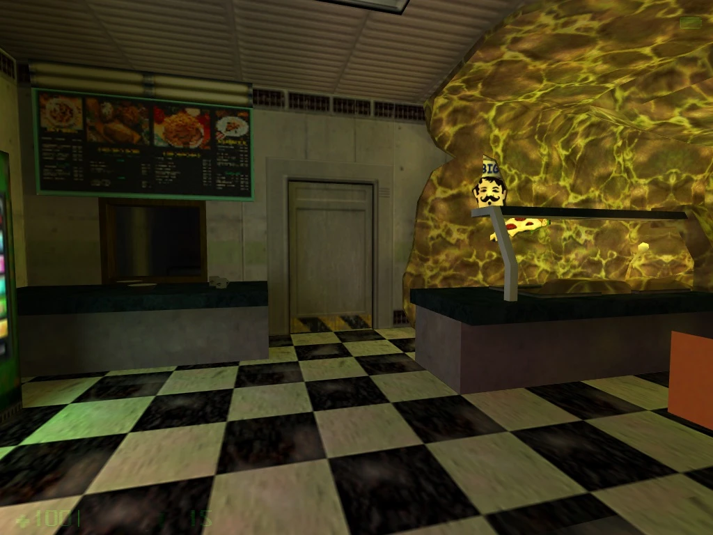 Vista del interior de un diner retro con suelo de cuadros blancos y negros, menú en la pared y mostrador en mod de Half-Life