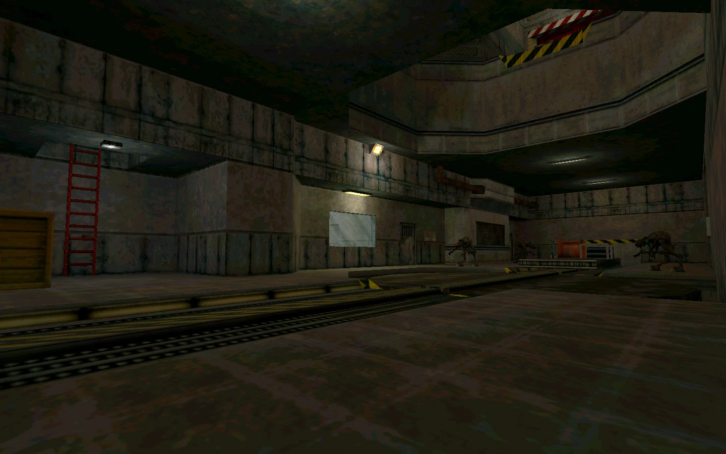 Скріншот мода Half-Life Field Intensity зі слабо освітленою індустріальною підземною зоною з ворогами і червоною драбиною