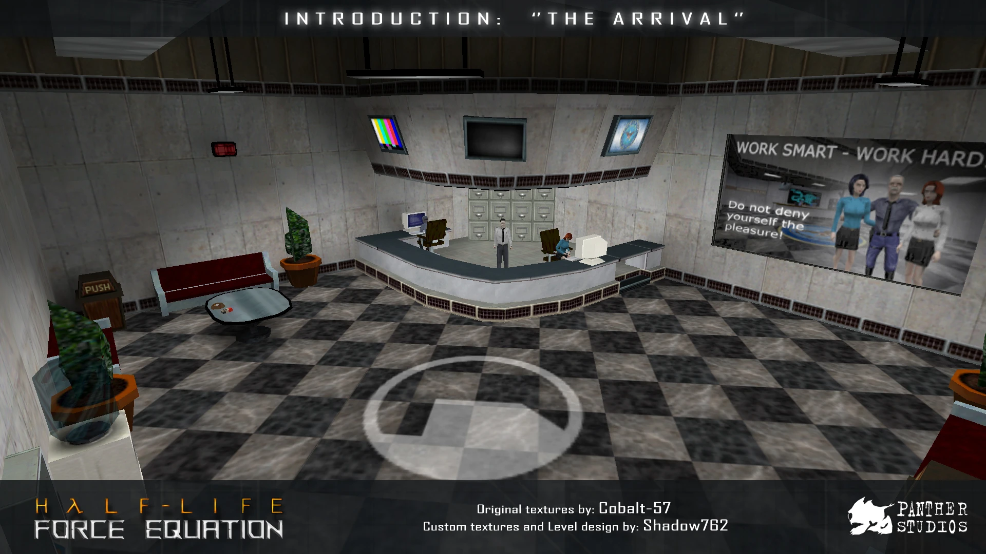 Lobby-Raum im Half-Life Force Equation Mod mit Empfangstresen, Personal, Retro-Computern und gekacheltem Boden