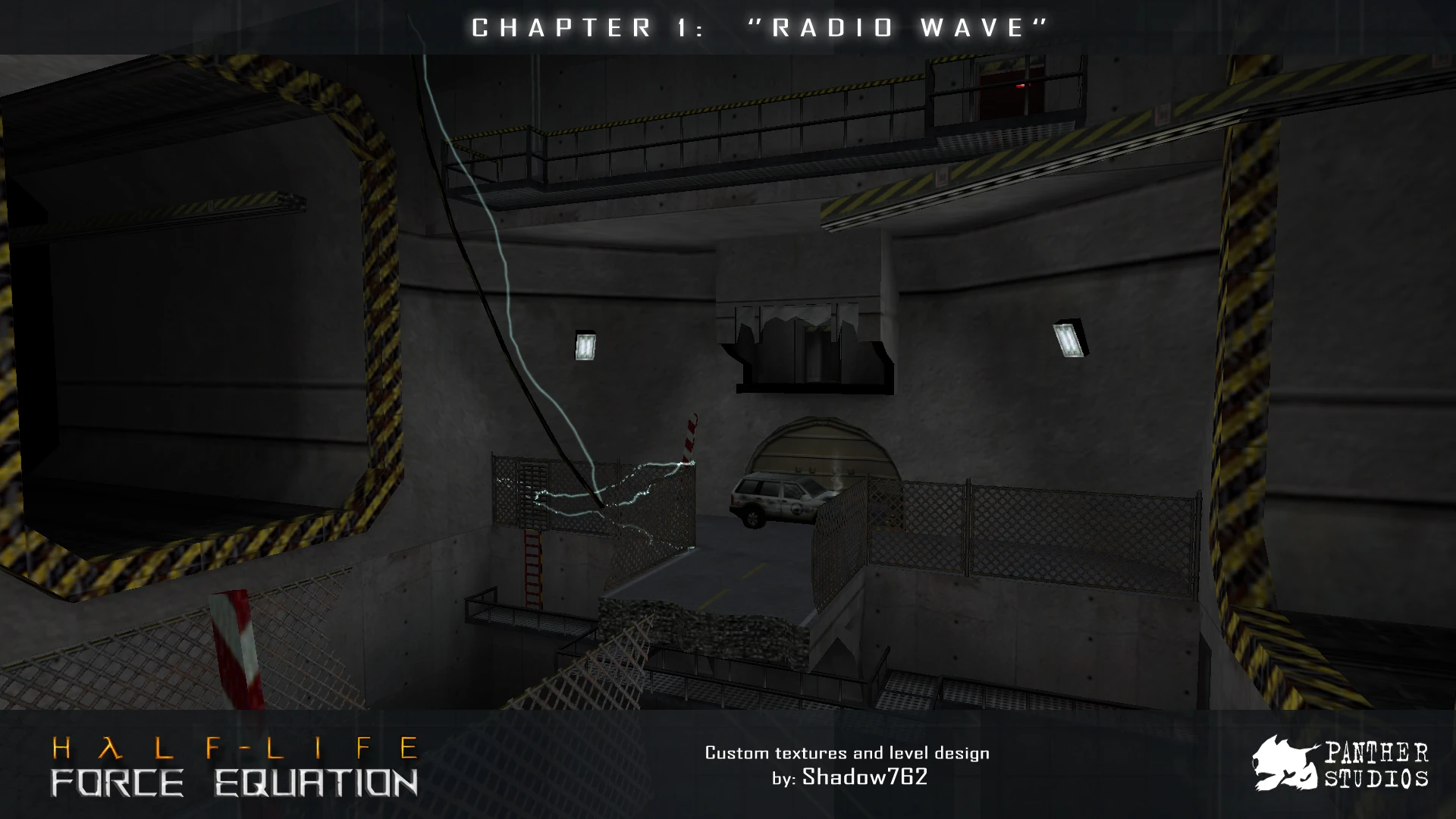 Screenshot eines industriellen Innenraums mit beschädigter Brücke und Auto im Kapitel 1 des Half-Life Force Equation Mods