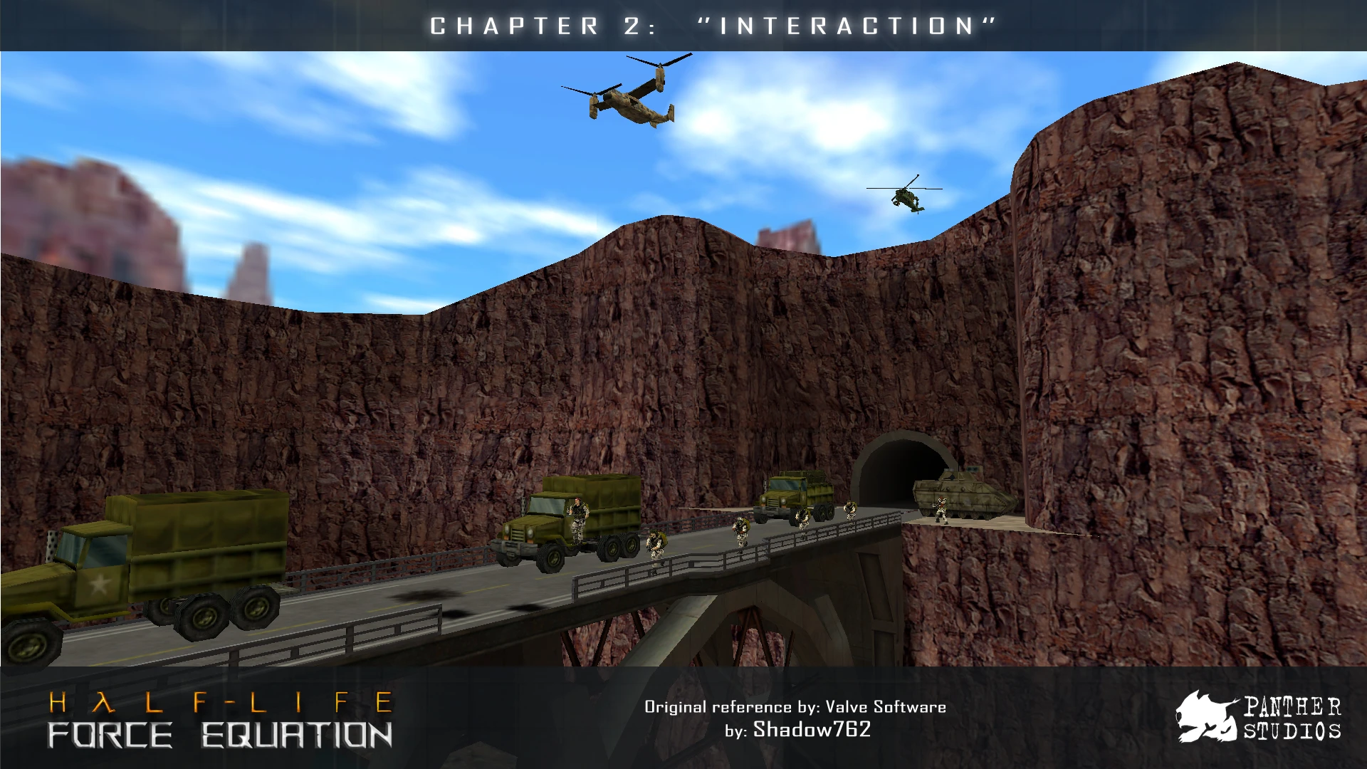 Screenshot aus Half-Life-Mod Force Equation mit militärischen Lastwagen, Soldaten und Hubschraubern über einer Schluchtbrücke