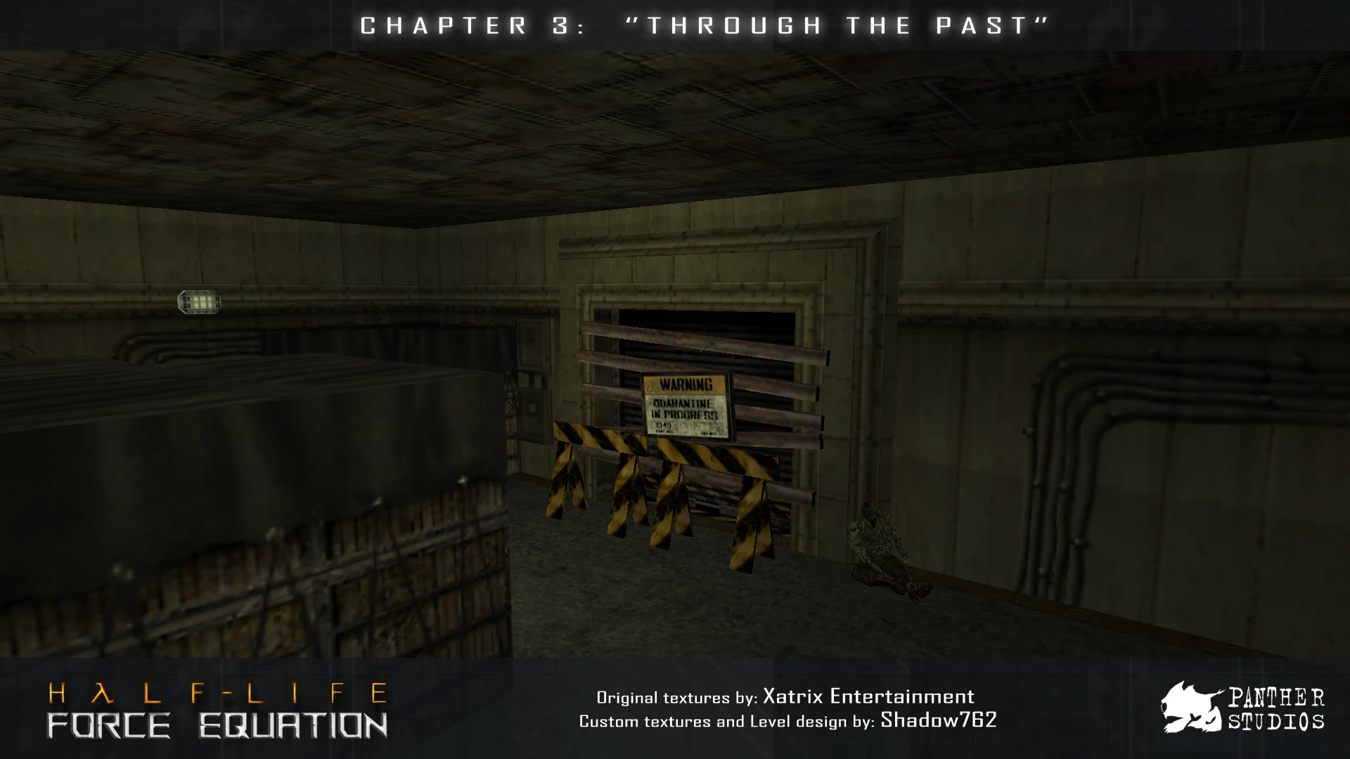 Spielszene zeigt eine verbarrikadierte Tür mit Quarantäne-Warnung im Kapitel 3 des Half-Life Force Equation Mods