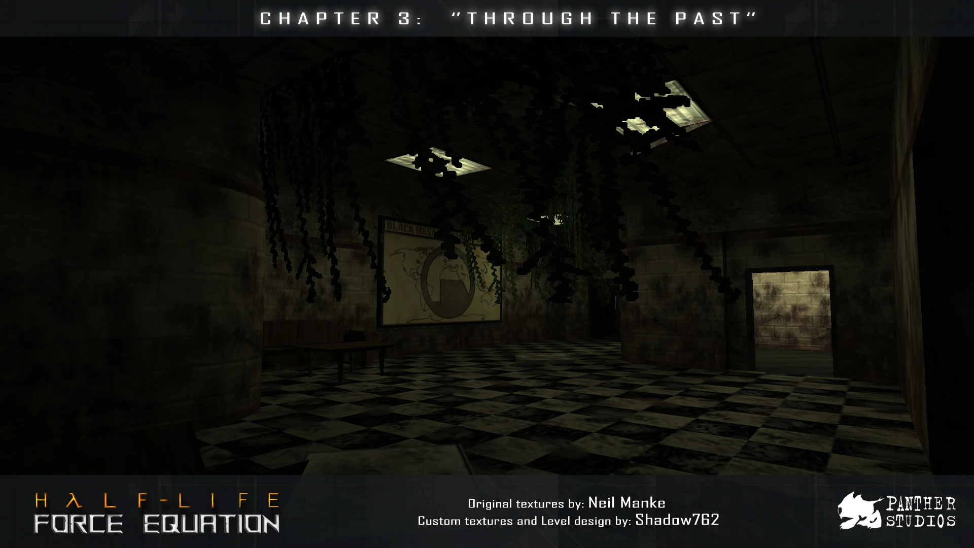 Düster beleuchteter verlassener Raum mit hängender Vegetation und einer Karte an der Wand aus dem Half-Life Force Equation Mod