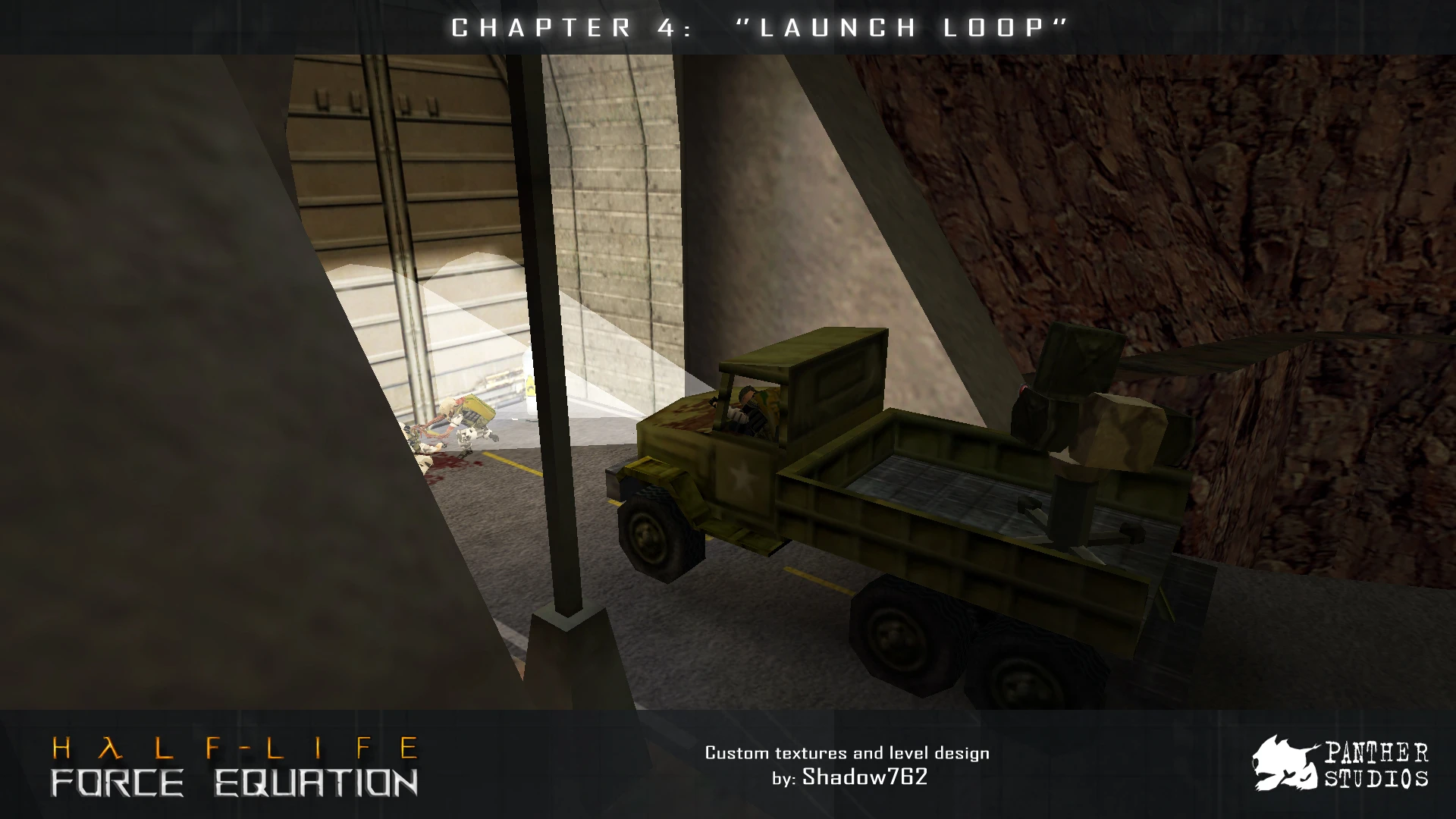 Spielschirmaufnahme aus Half-Life Force Equation Mod zeigt Militär-LKW und Soldaten in felsigem Stützpunkt