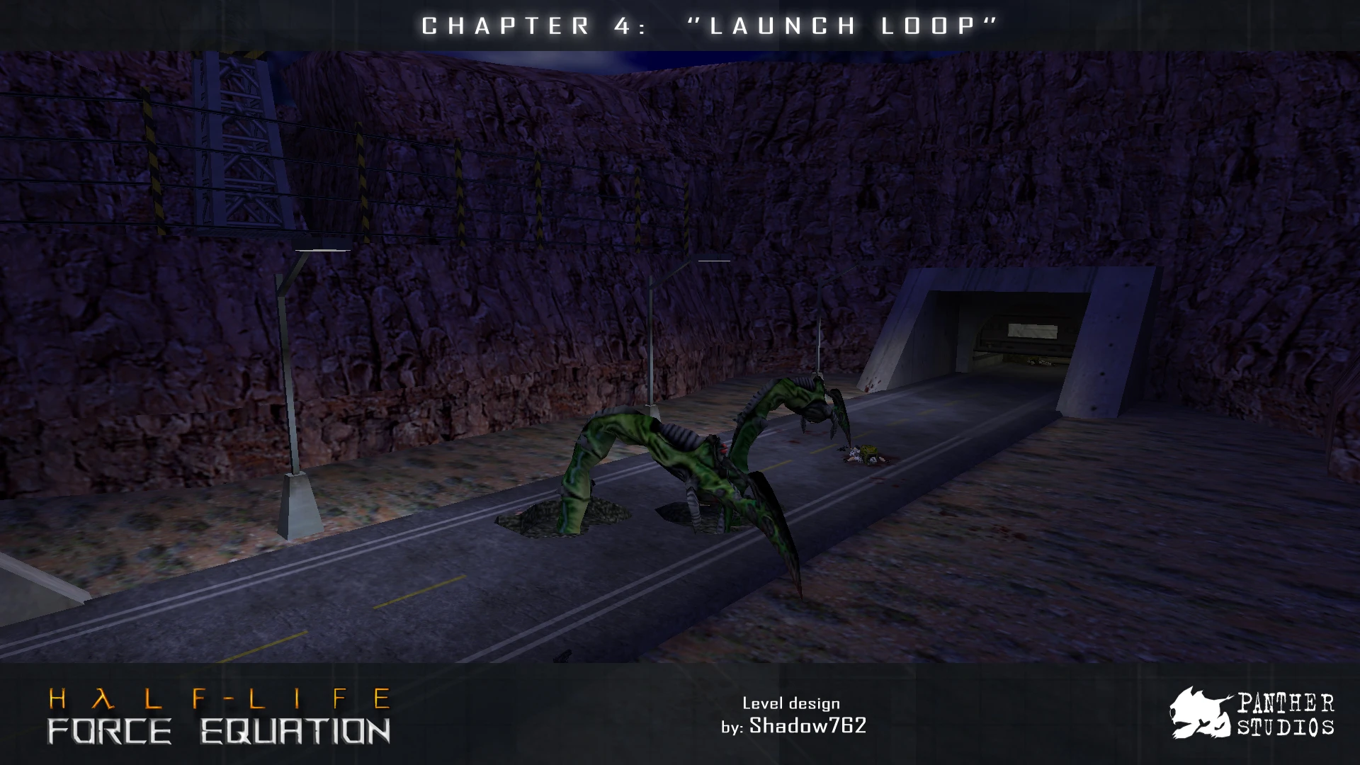 Im Half-Life Force Equation Mod taucht eine riesige grüne Kreatur aus Löchern auf einer dunklen Straße in felsigem Canyon unter Straßenlampen auf