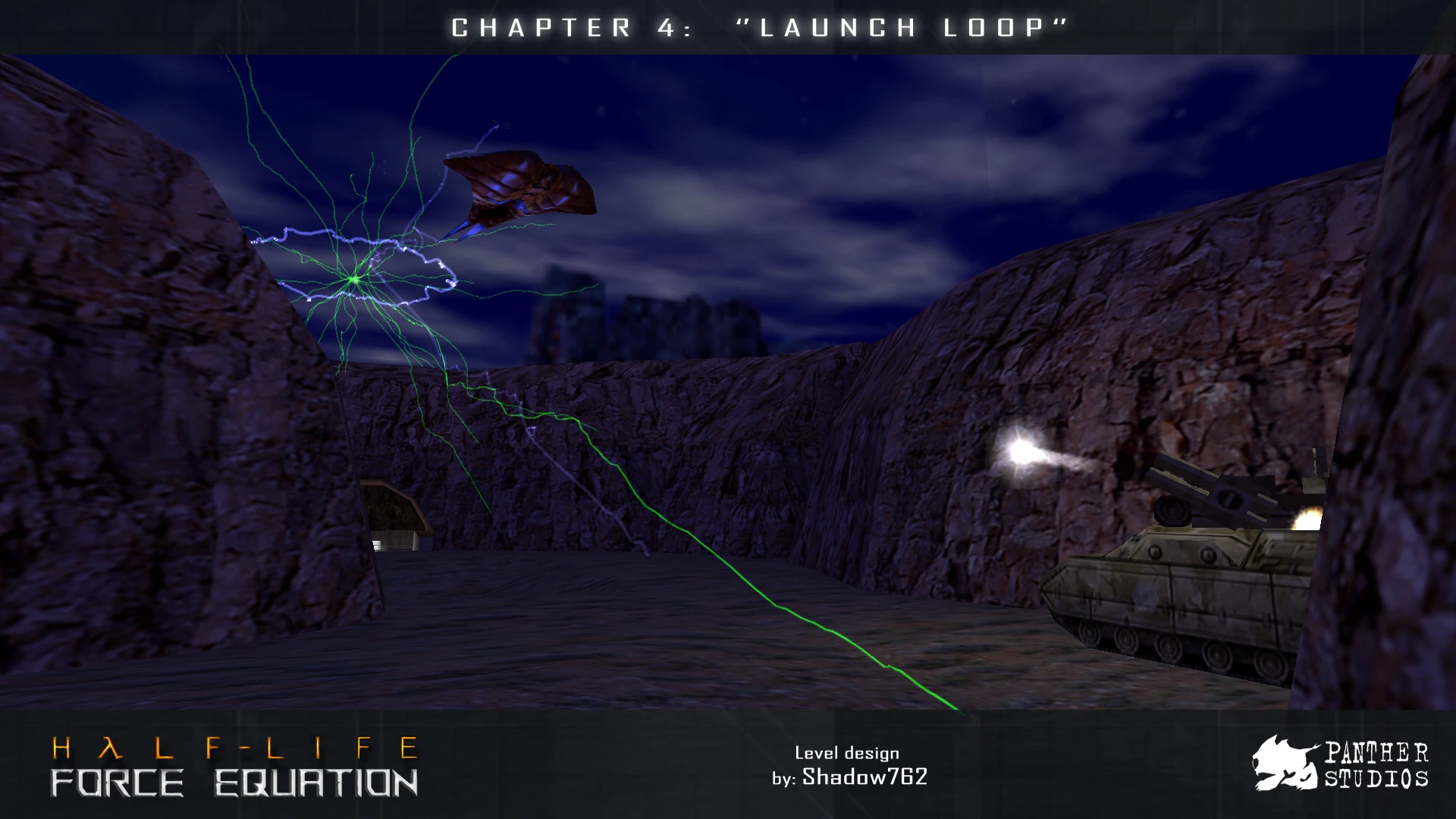 Nachtkampf mit Panzer, der auf fliegenden Außerirdischen mit grünen Blitzen im Half-Life Force Equation Mod feuert