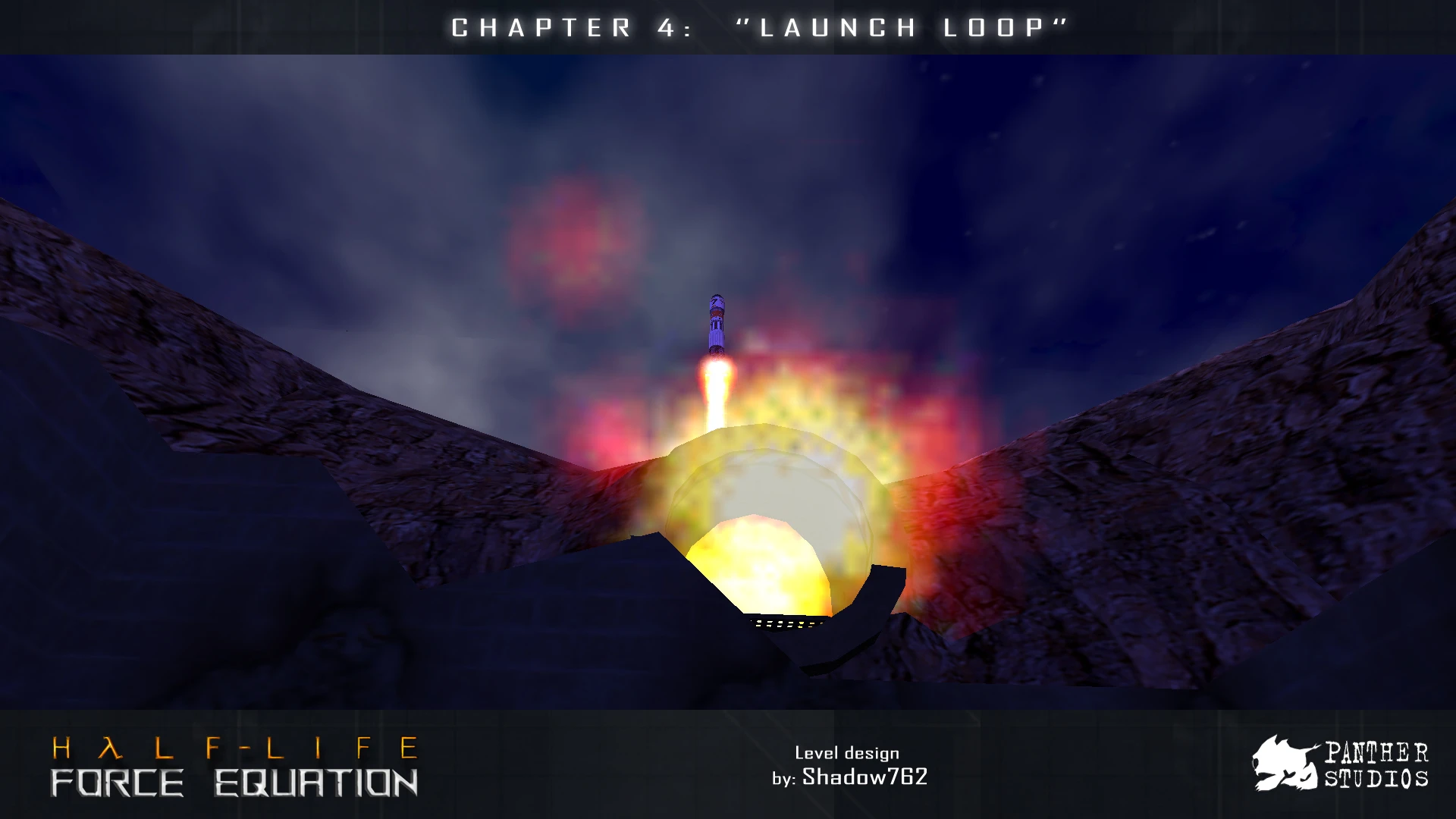 Raketenstart mit hellen Flammen und Rauch in der Umgebung des Half-Life Force Equation Mods Kapitel 4