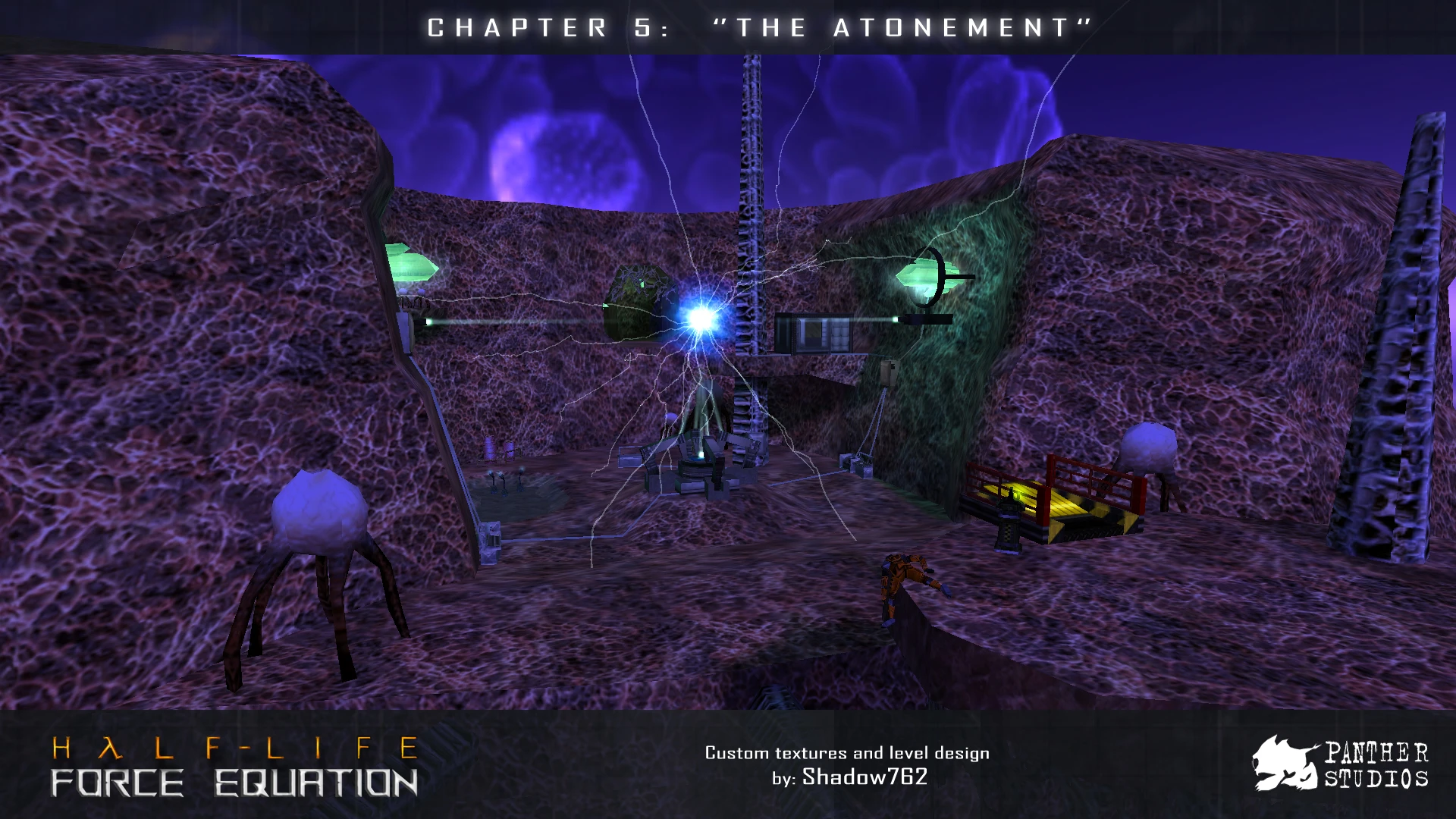 Screenshot einer außerirdischen Höhlenumgebung mit elektrischem Energie-Orb und futuristischen Strukturen aus dem Half-Life Force Equation Mod