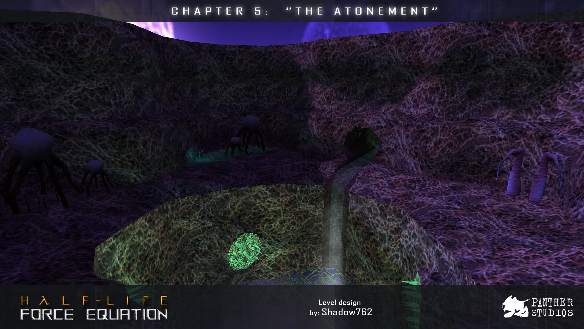 In-Game-Screenshot einer fremden Umgebung mit leuchtenden Elementen in Half-Life Force Equation Kapitel 5