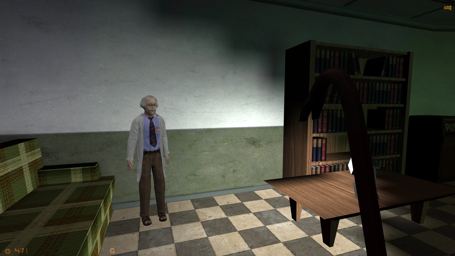 Científico de pie en una habitación con suelo de baldosas y muebles en Half-Life: Gold