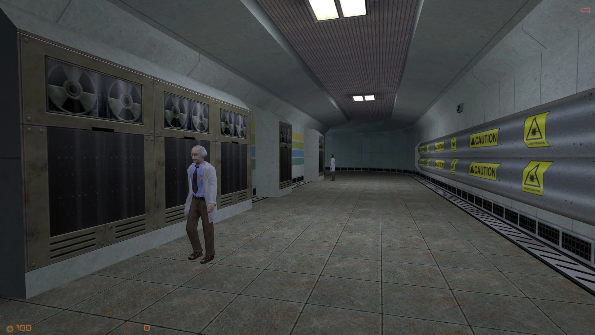 Dos científicos con batas blancas en un pasillo con azulejos, ventilación y señales de advertencia en Half-Life Gold