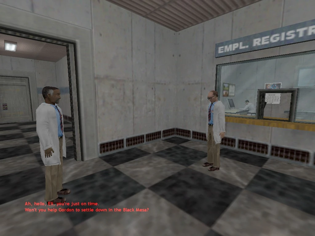 Zwei Wissenschaftler stehen in einem Raum mit Schachbrettboden nahe der Mitarbeiterregistrierung im Half-Life Induction Mod