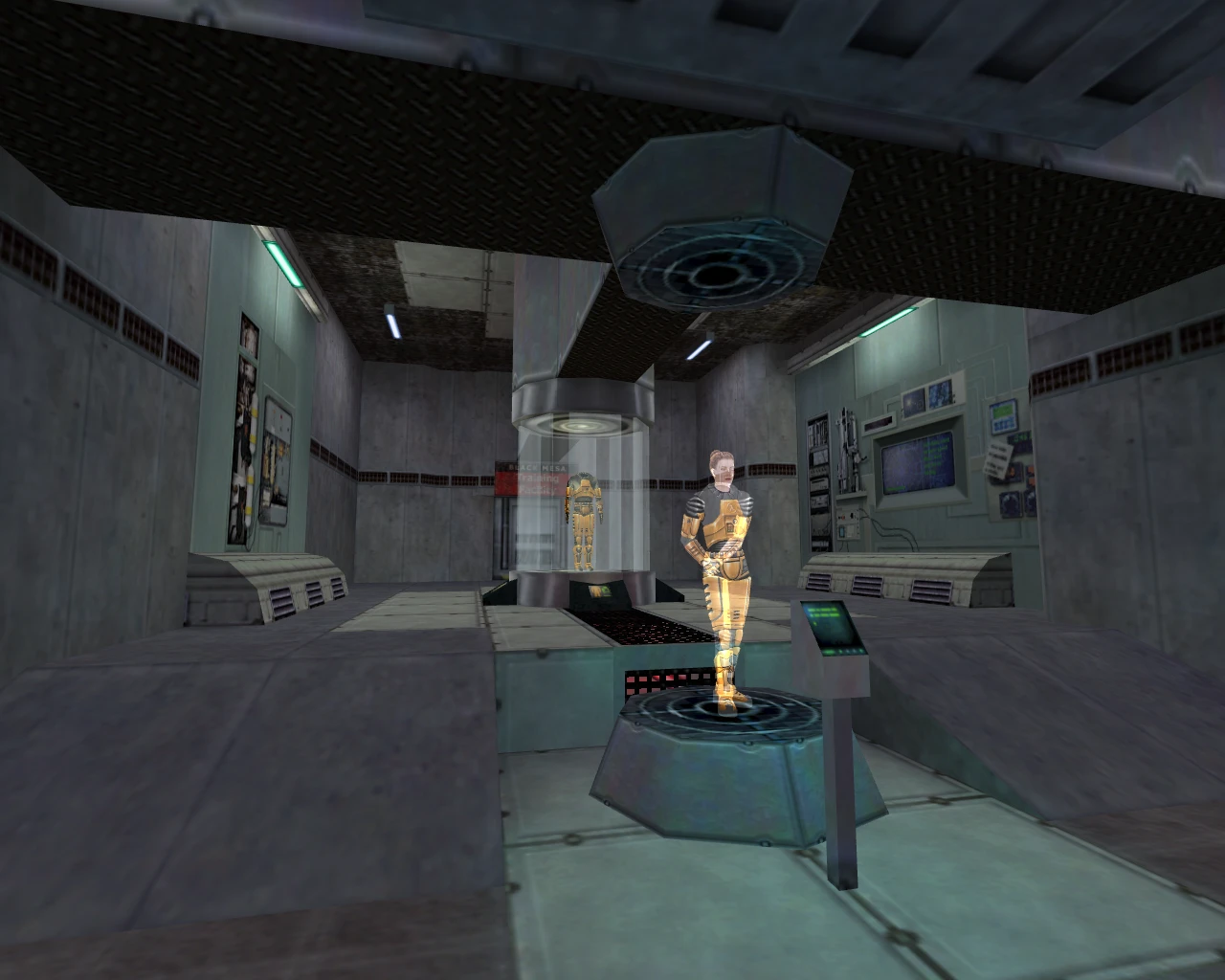 Spielbild mit holographischen Figuren in einer futuristischen Trainingslaborumgebung des Half-Life Induction Mods