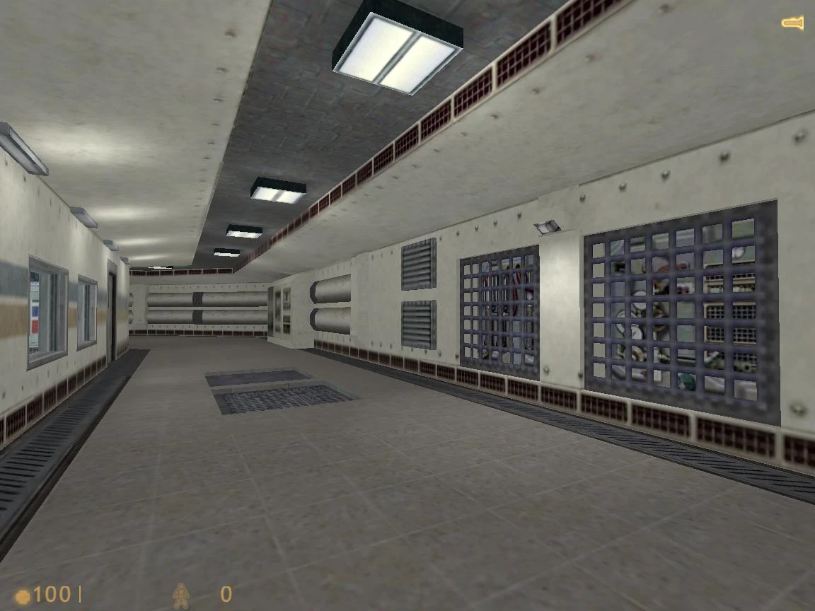 Screenshot eines grauen Industrieflurs mit Lüftungen und Gittern aus dem Half-Life Induction Mod
