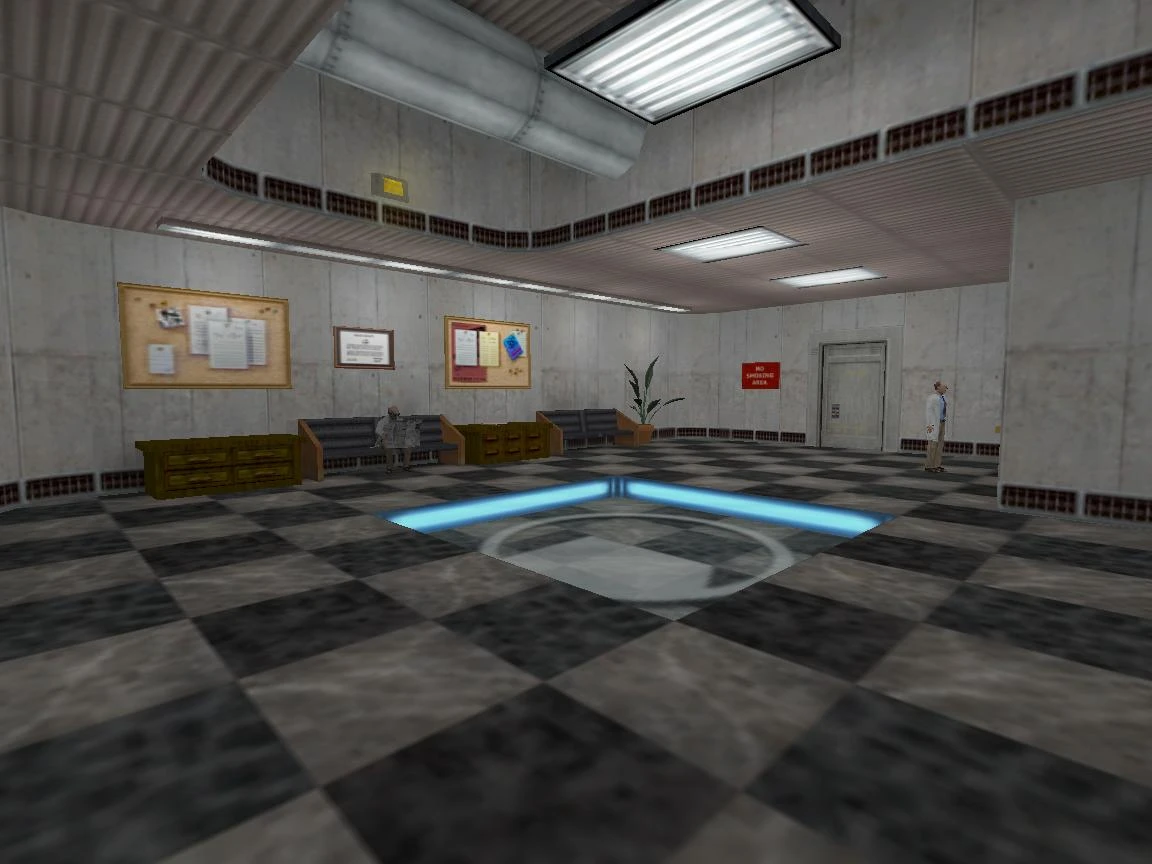 Flur mit Schachbrettboden, Bänken, Pinnwänden, leuchtender Grube und Wissenschaftler-NPC in Half-Life Induction