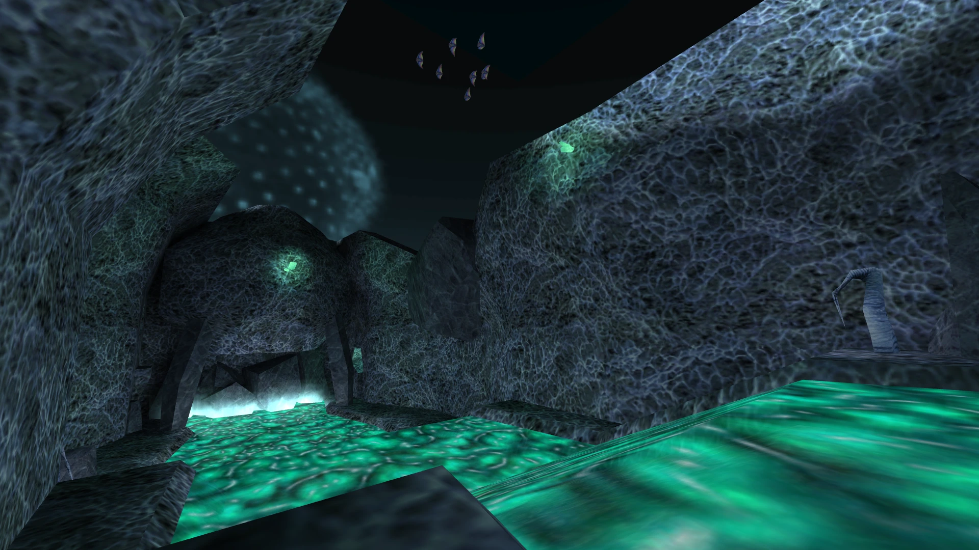 Screenshot aus Half-Life: Insecure mit einer Xen-Höhle, leuchtendem grünem Wasser und Alien-Strukturen