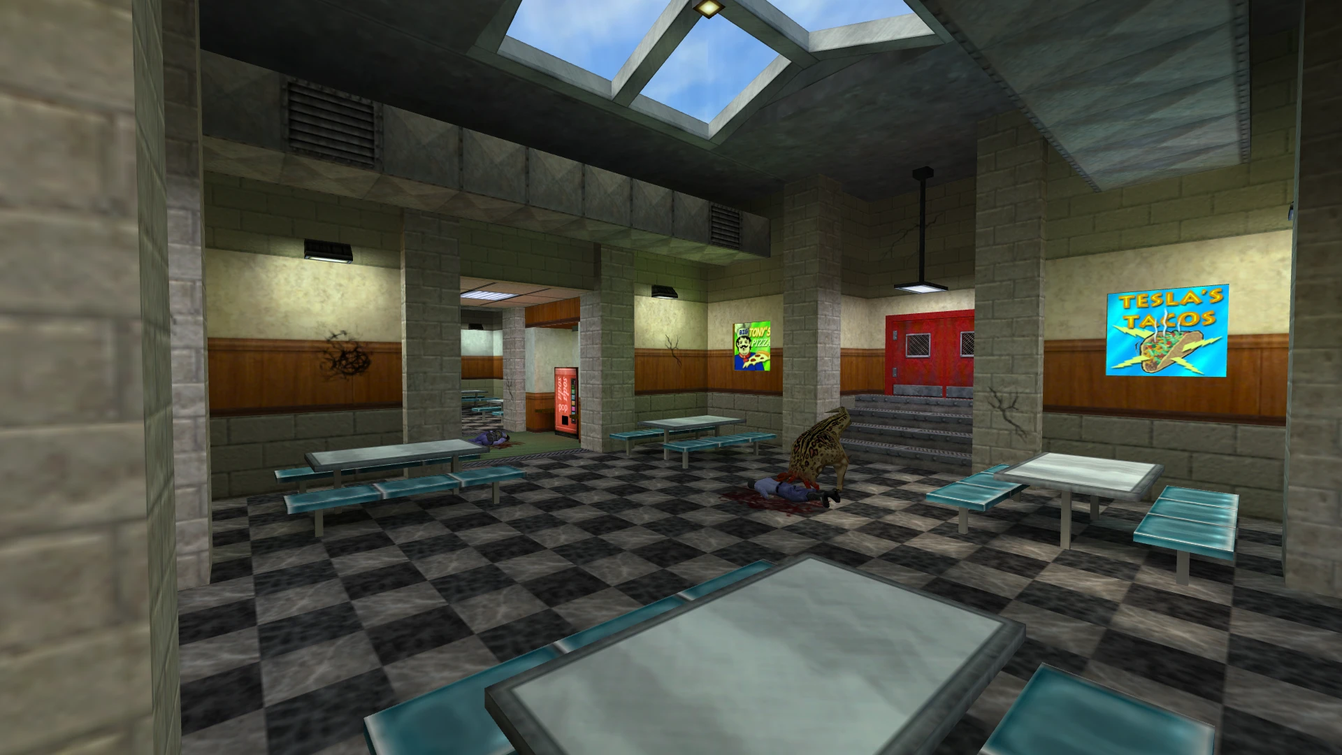 Spielaufnahme des Half-Life-Mods Insecure zeigt eine Cafeteria mit kachelboden, Tischen und einem Monster, das eine Person angreift