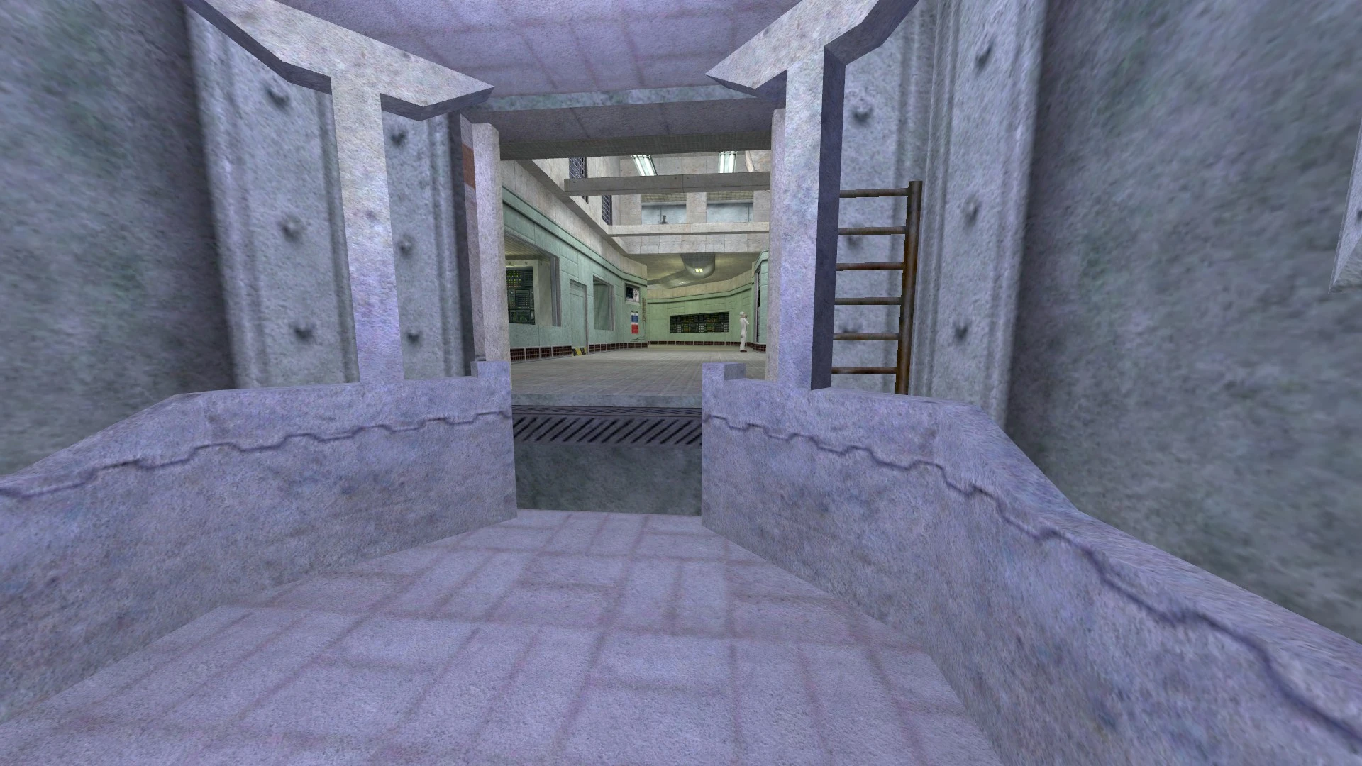 Blick auf einen grauen Industrieflur mit Metallwänden und Leiter in der Half-Life Invasion Mod-Umgebung