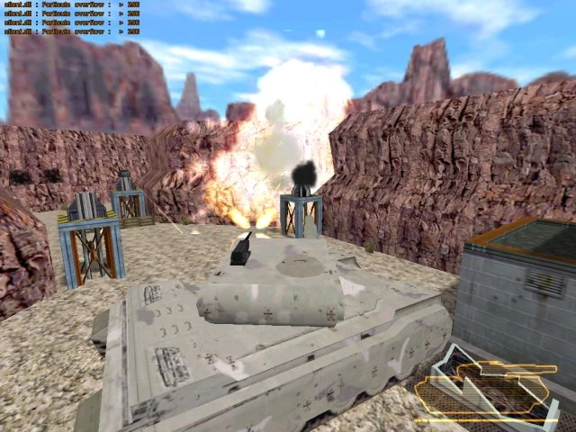Tanque con camuflaje blanco disparando en un cañón desértico con explosiones y acantilados rocosos en el mod Half-Life Invasion