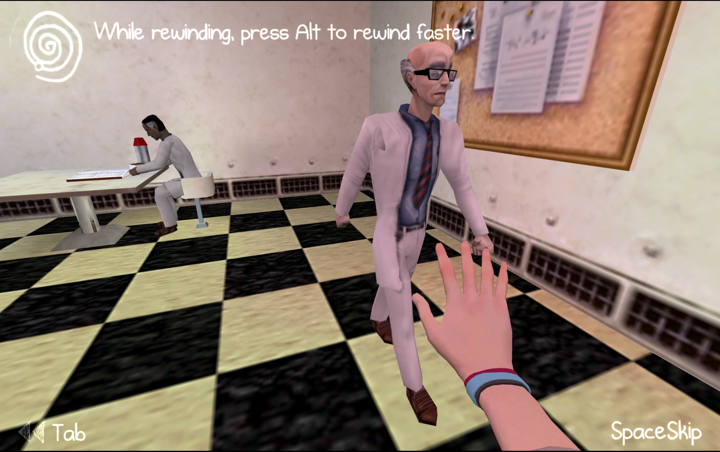 In Half Life is Strange mod, player's hand reaching towards a scientist in a lab with rewind instruction