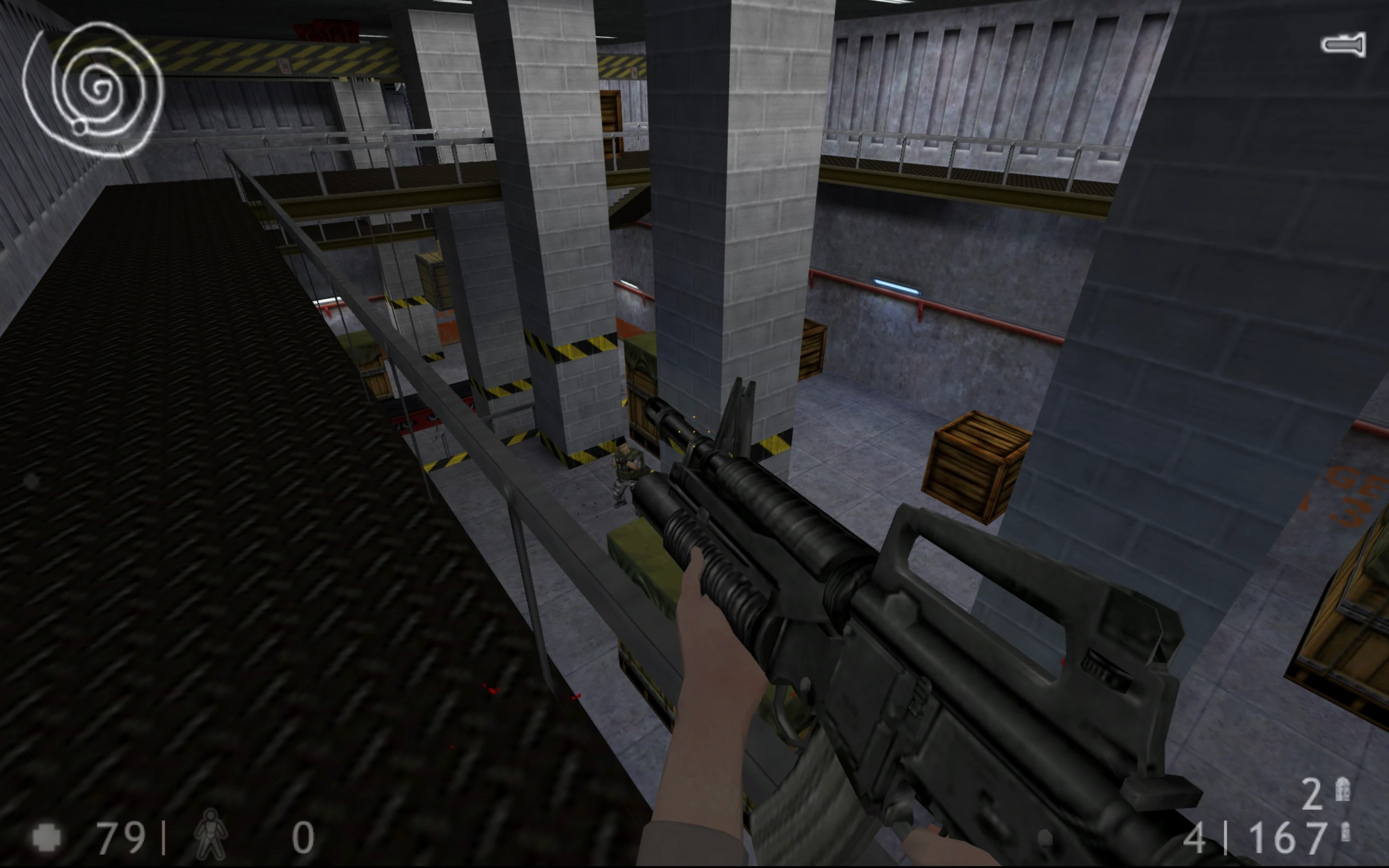 First-person view from Half Life is Strange mod showing player holding an assault rifle inside a multi-level industrial facility