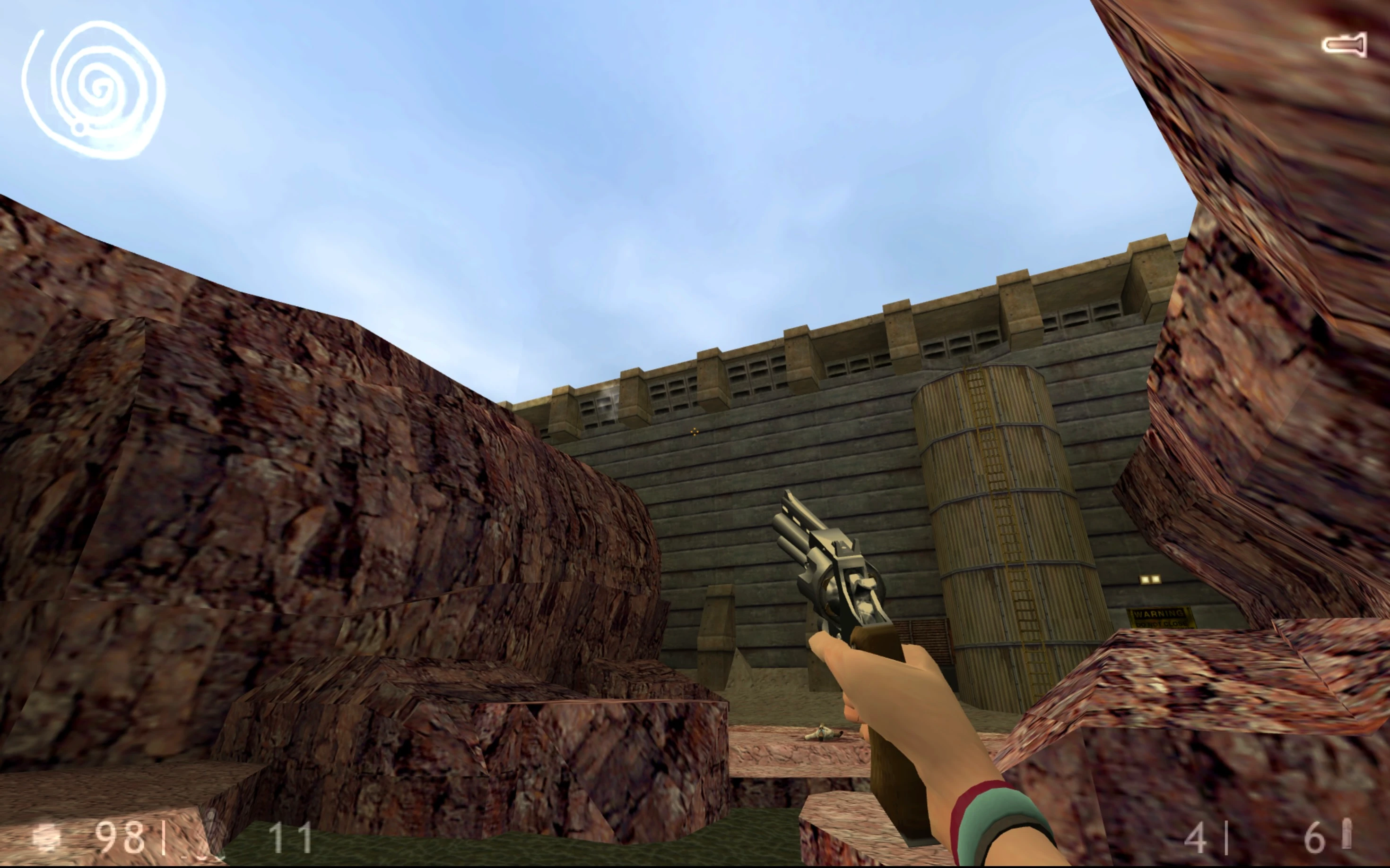 First-person view of player holding revolver aiming at a cliff and industrial wall in Half-Life Strange mod